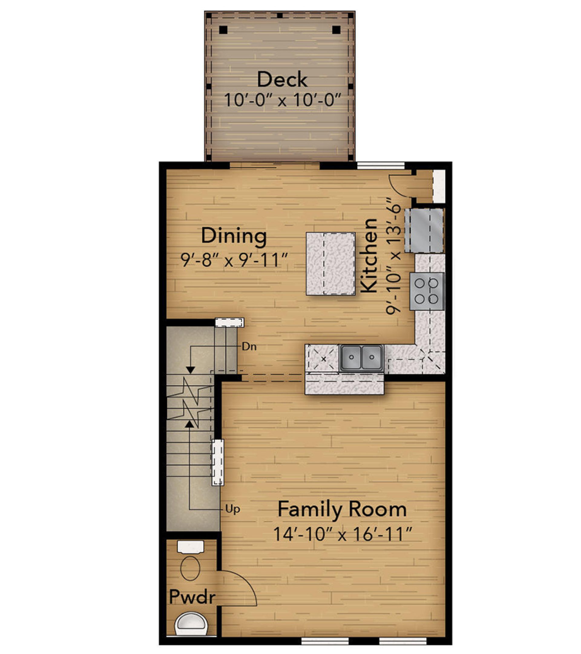 Floorplan Drawing - main level living area with rear deck and half bath