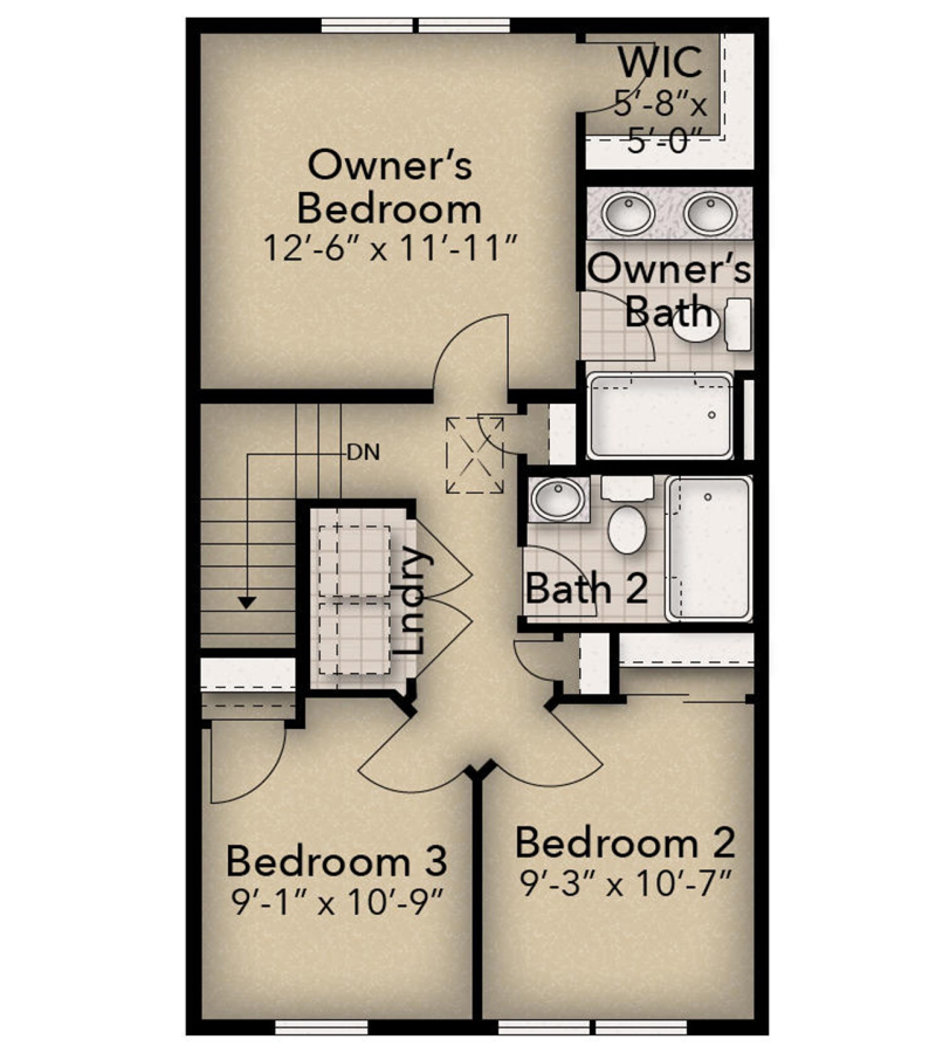 Floorplan Drawing - third floor living area with 3 bedrooms and 2 full baths