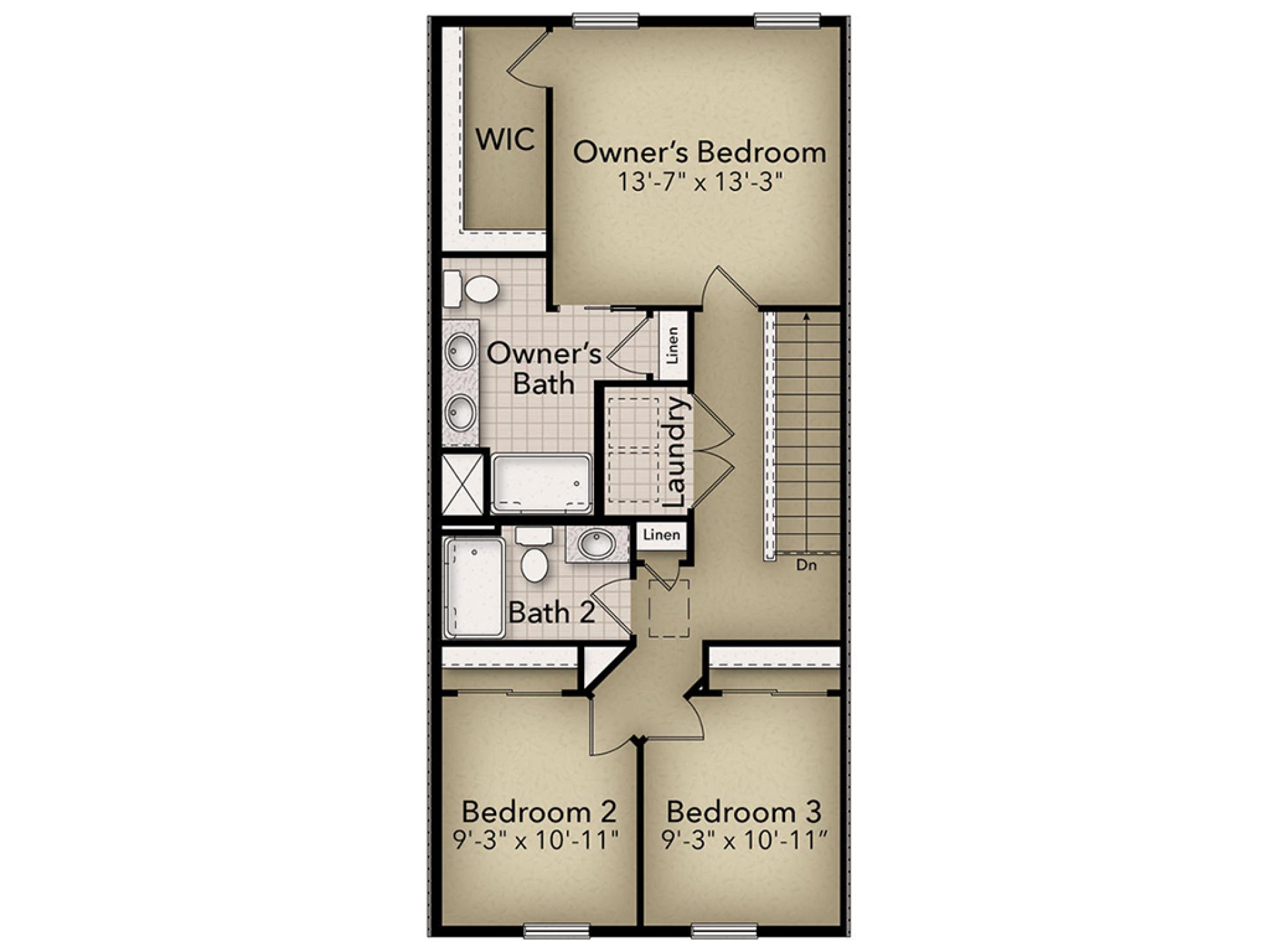 Floorplan Layout - Second Floor area with 3 bedroom, 2 full baths, and laundry