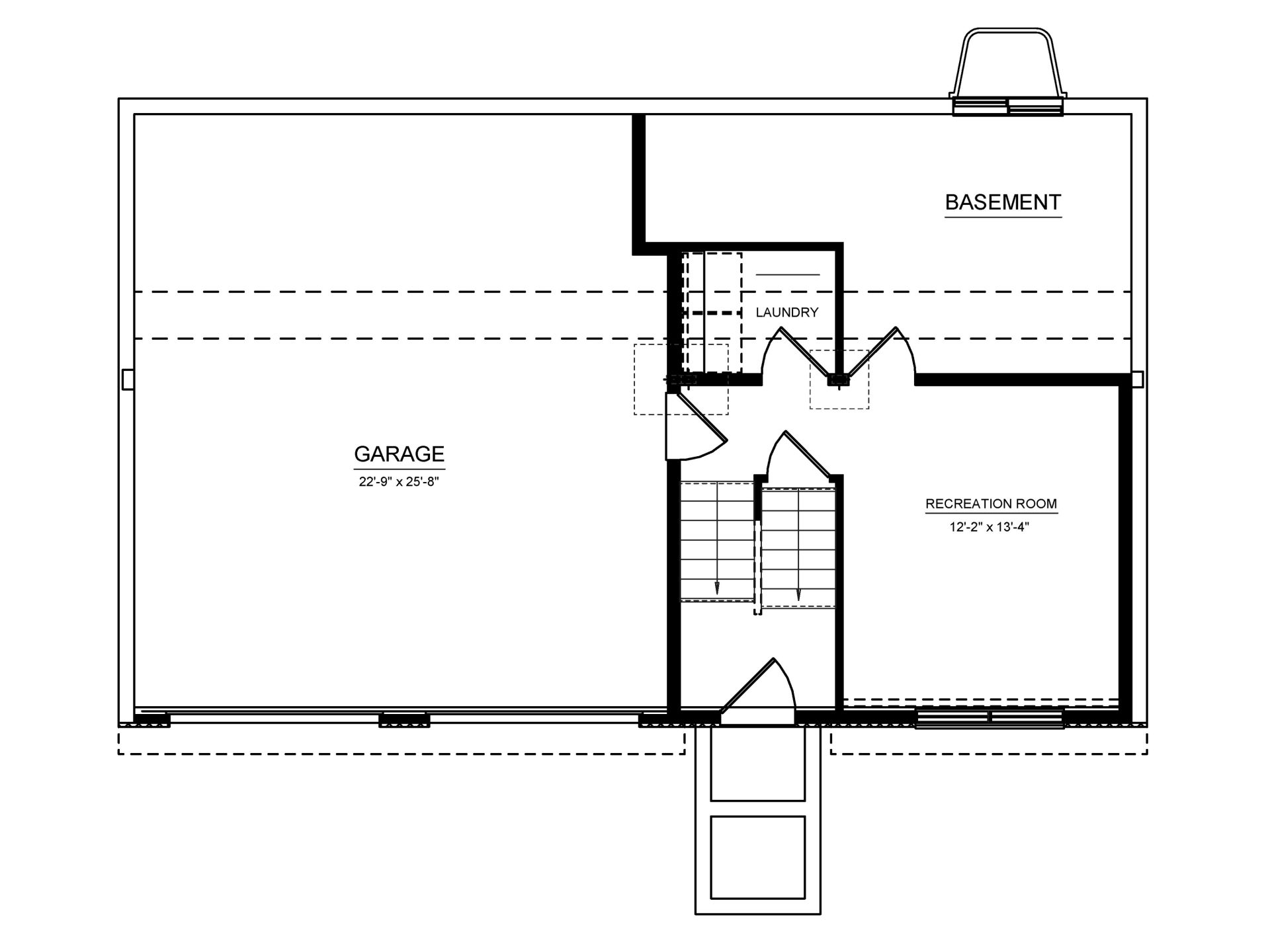 Floorplan layout of a partial unfinished basement with egress and a finished recreational area