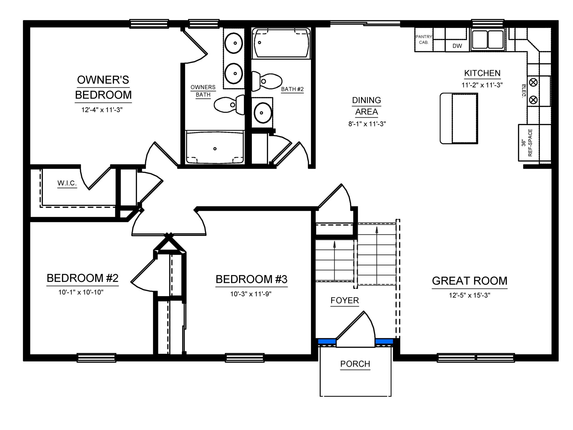 Floorplan layout of a split-level home with main living, 3 bedrooms, and 2 full baths