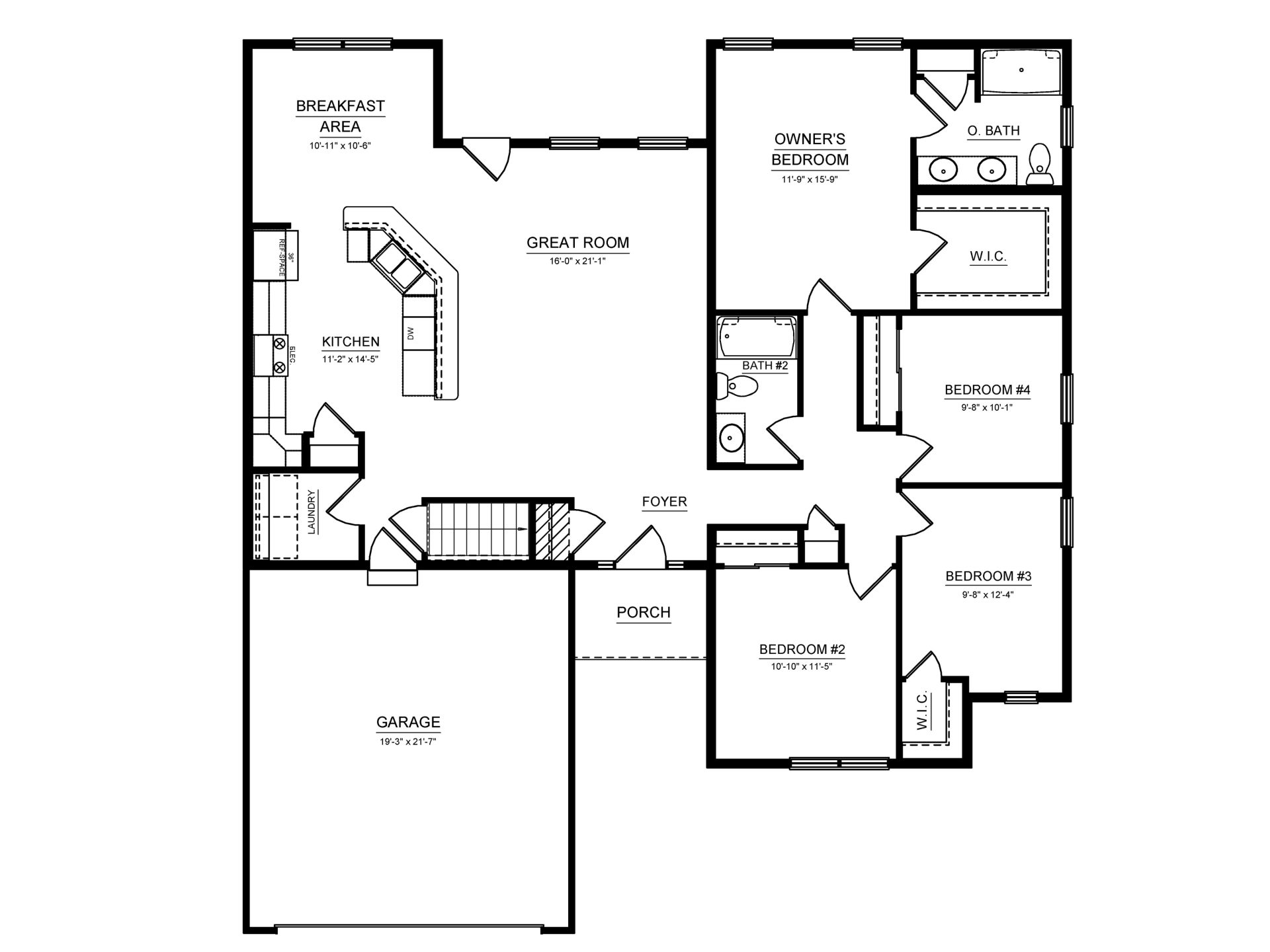 Floorplan drawing - main level living area with 4 bedrooms, 2 baths, and 2 car garage