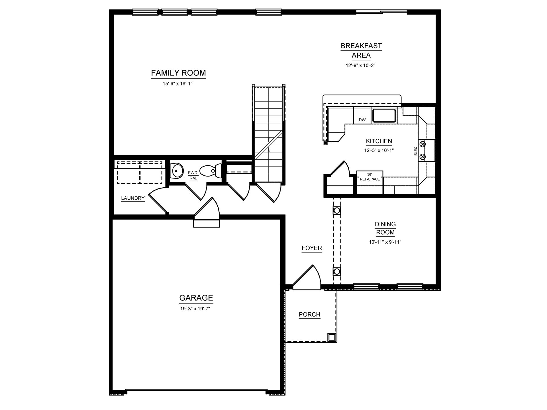 Floorplan drawing - main level living area with 2 car garage