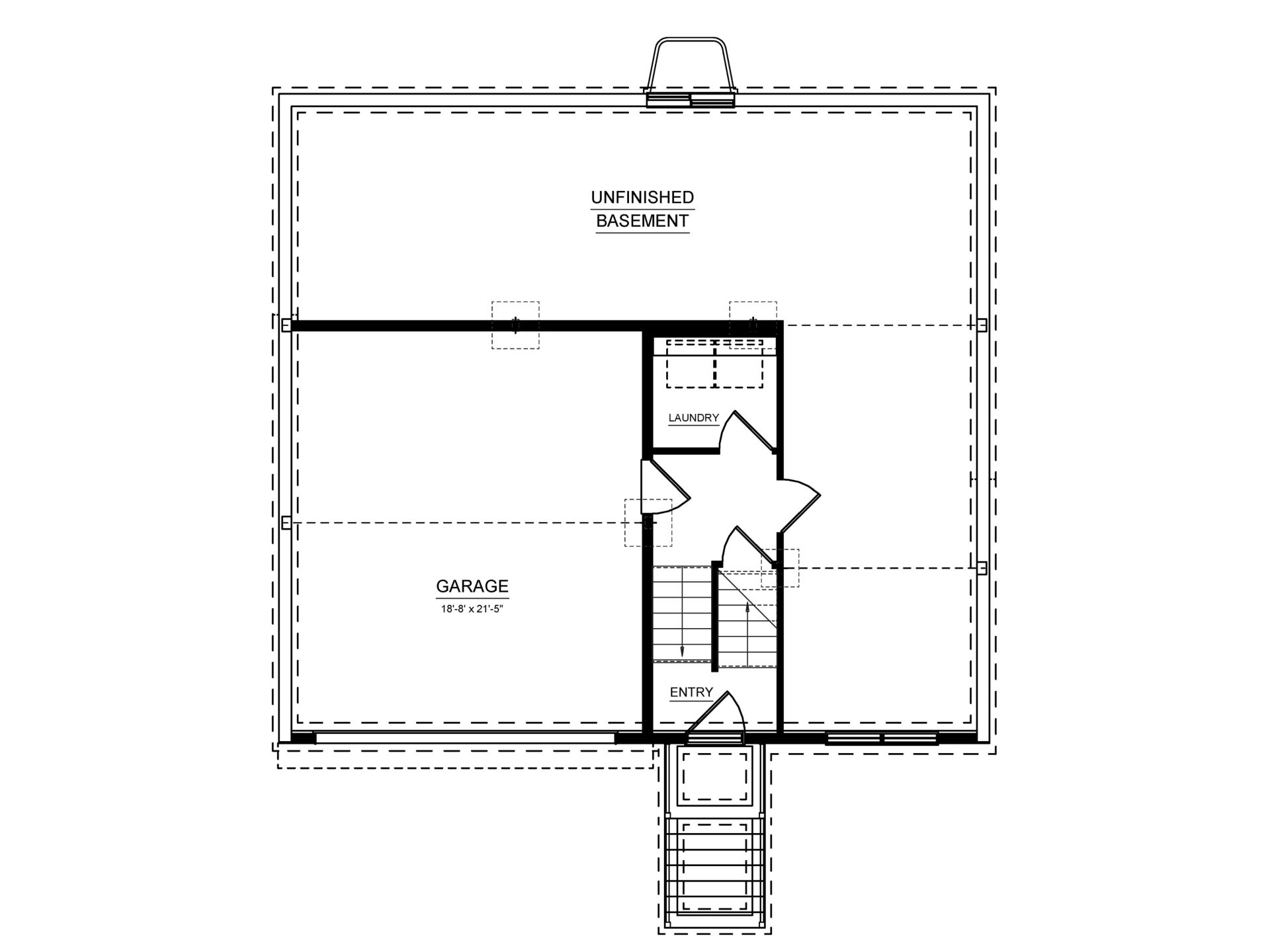 Floorplan layout of a partial unfinished basement with egress and a finished recreational area