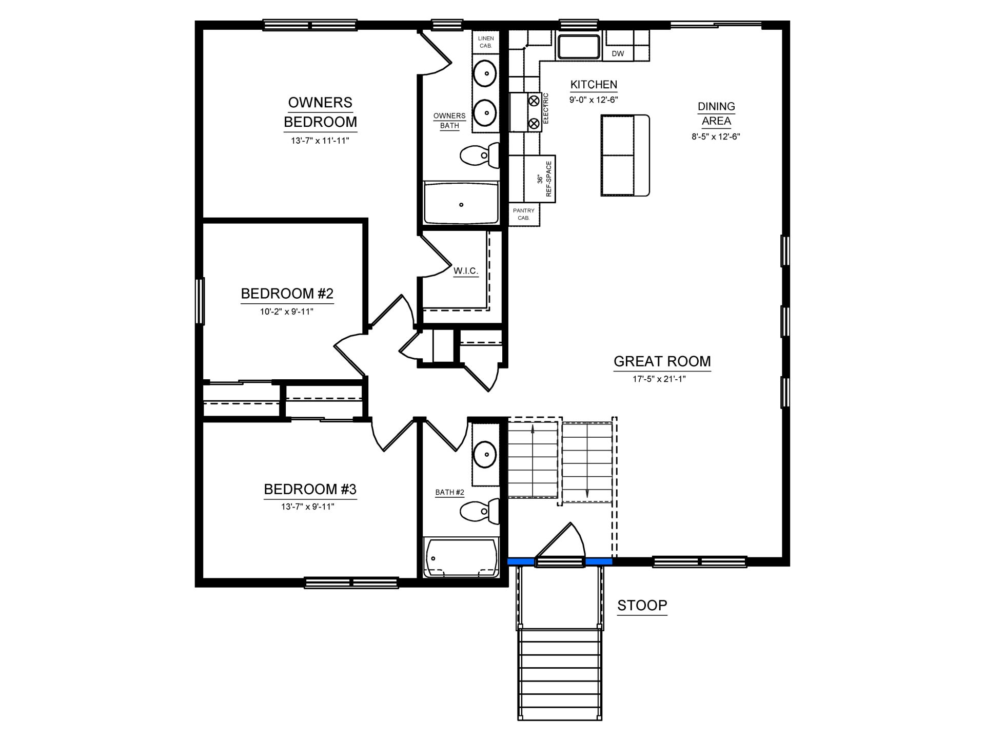 Floorplan layout of a split-level home with main living, 3 bedrooms, and 2 full baths