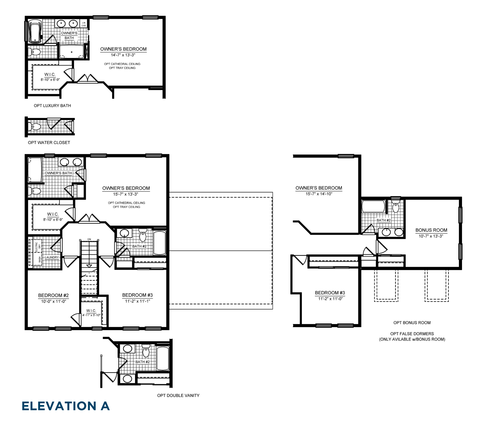Brandywine Second Level floorplan showing owner's suite, two secondary bedrooms, laundry room, walk-in closets and optional bonus room