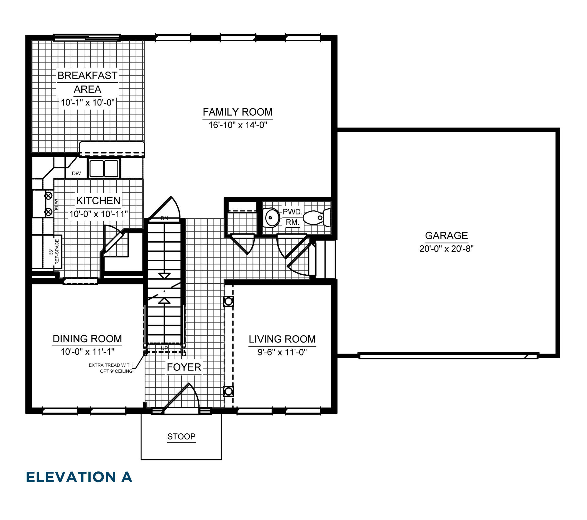 Brandywine Main Level floorplan showing family room, living room, dining room, kitchen, breakfast area, foyer, powder room and two-car garage