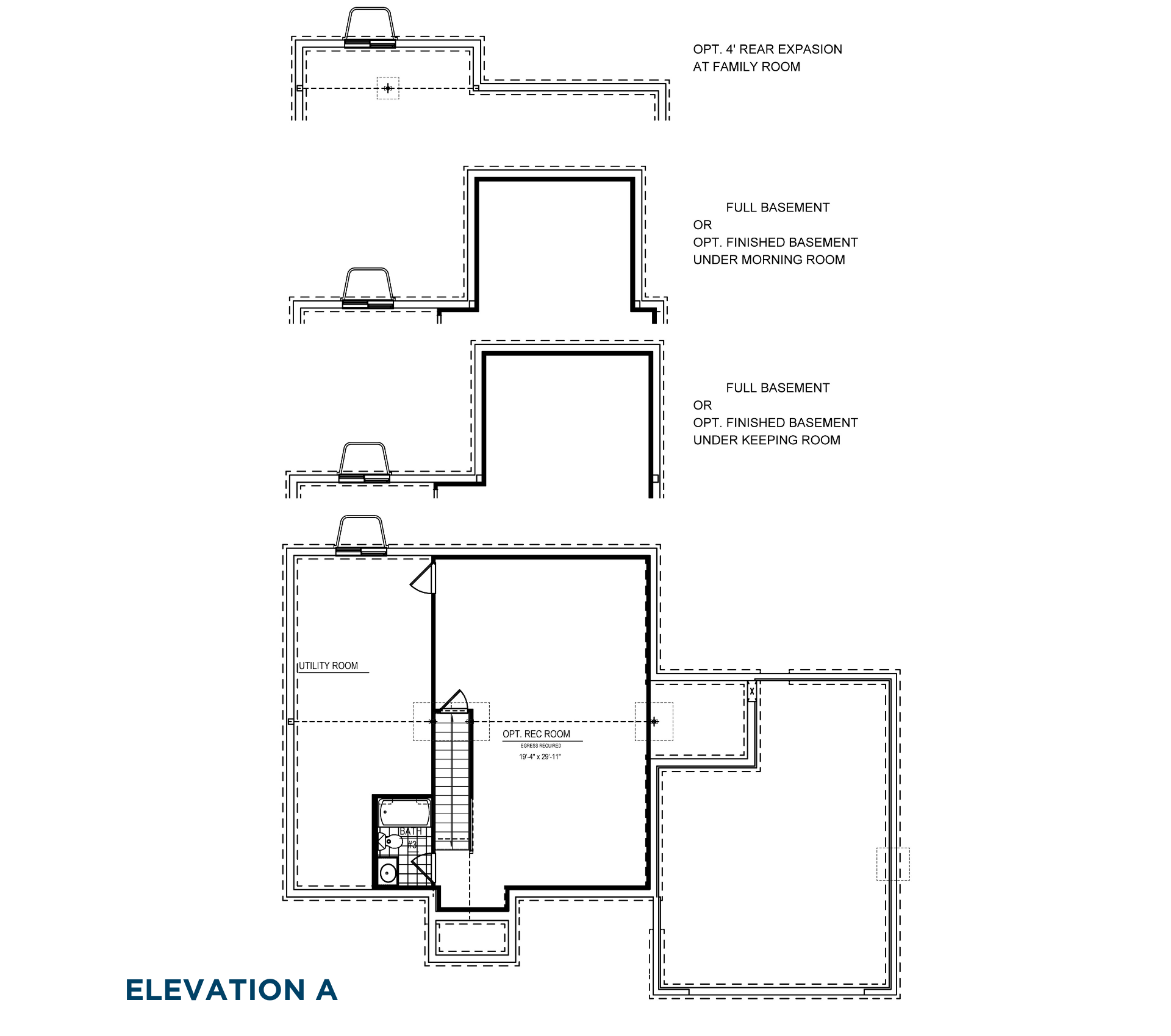 Avalon Basement floorplan options showing recreation room, utility room, basement bath and finished basement expansion areas