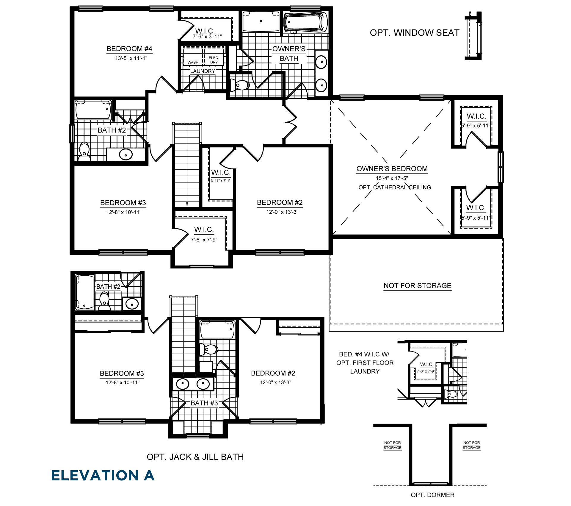 Avalon Second Level floorplan showing owner's suite, three secondary bedrooms, laundry room, walk-in closets and optional Jack-and-Jill bath