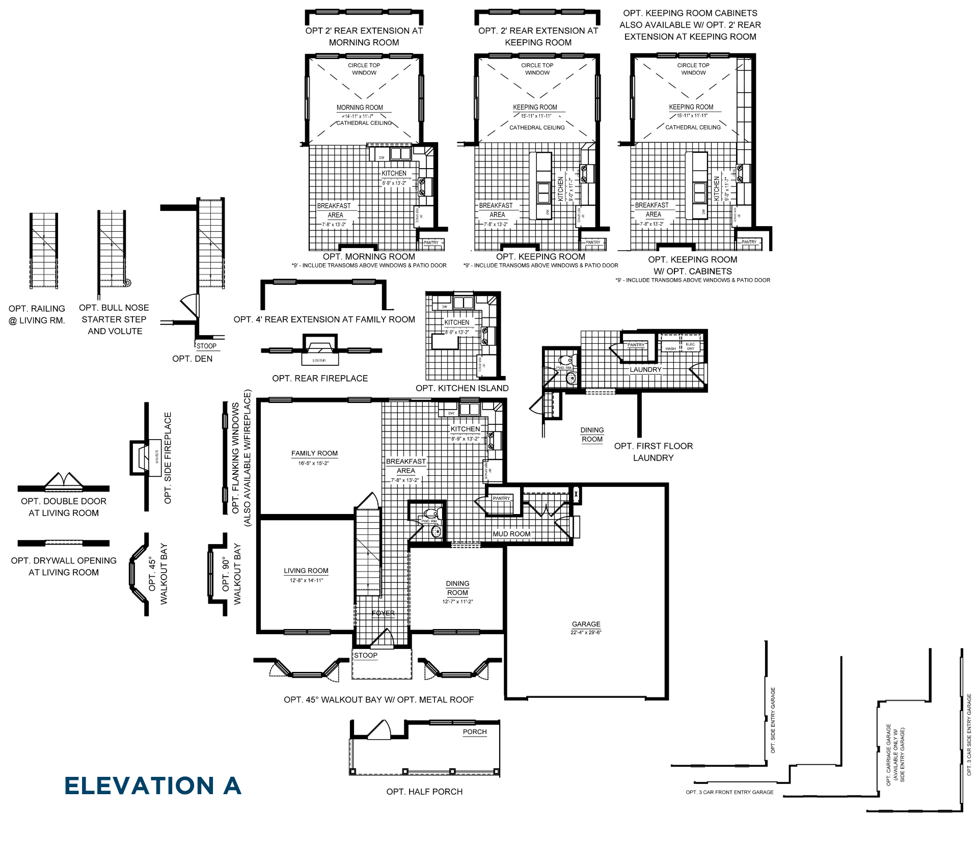 Avalon Main Level floorplan options showing morning room, keeping room, kitchen island, first-floor laundry, fireplace, porch and three-car garage configurations