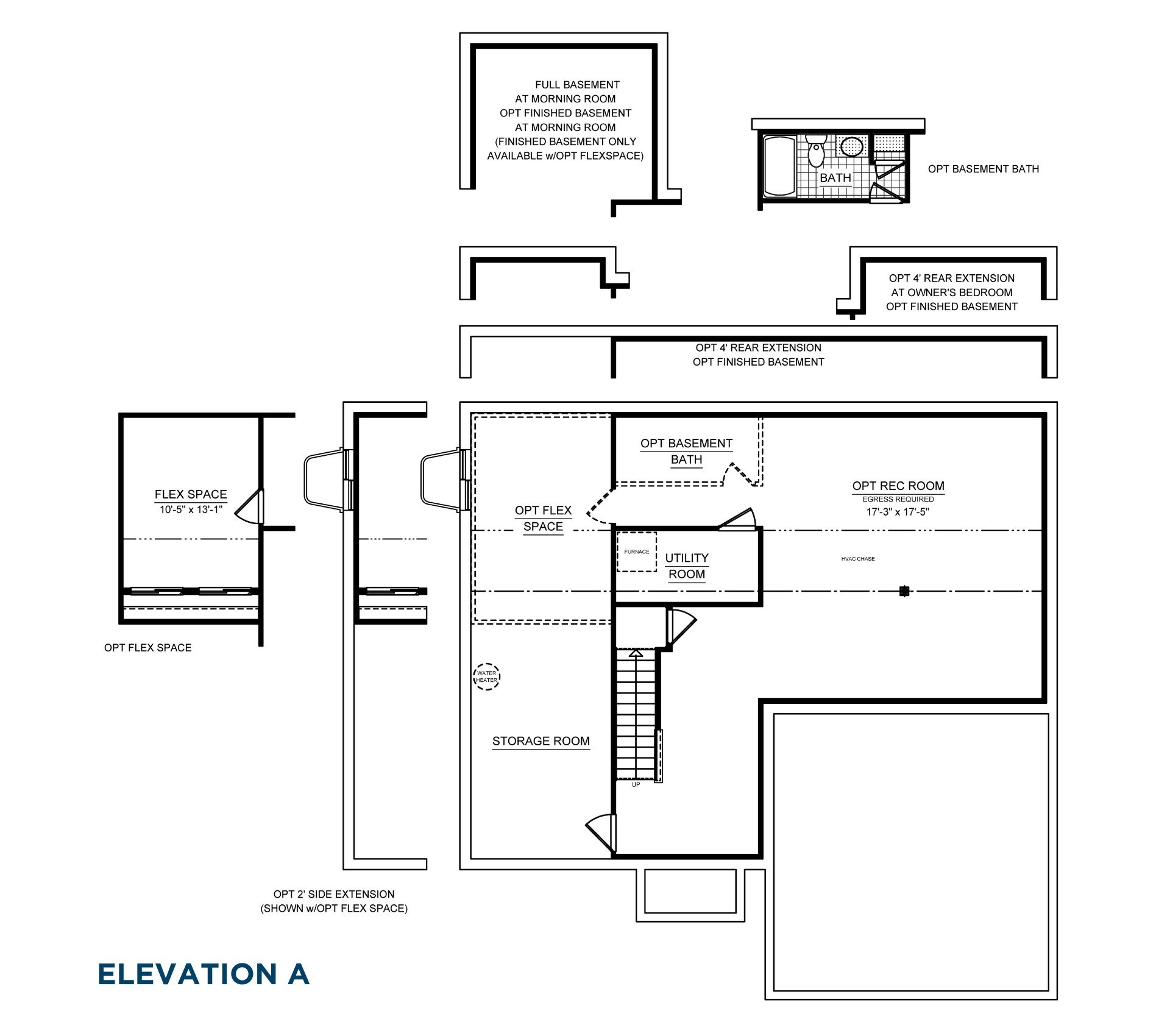 Bayberry A Basement floorplan options showing recreation room, flex space, basement bath, storage area and utility room
