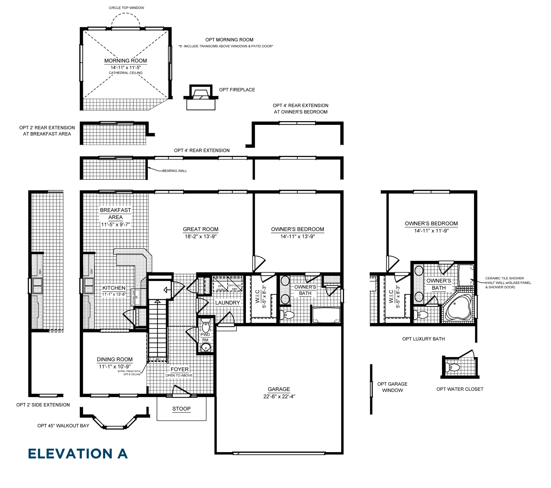Bayberry A Main Level floorplan options showing morning room, rear extensions, luxury owner's bath, side extension, fireplace and garage upgrades