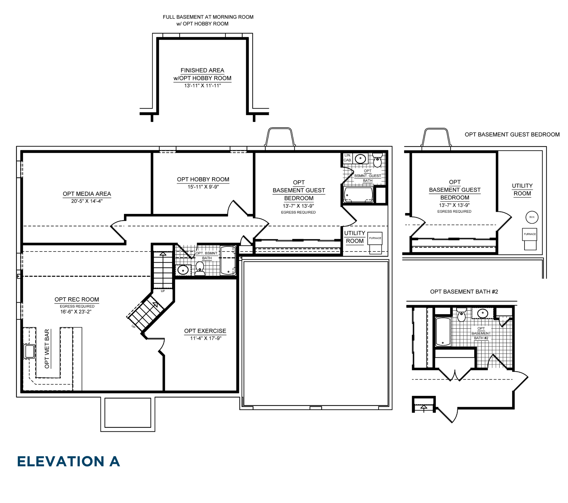 Buchanan Basement floorplan options showing recreation room, media area, exercise room, hobby room, guest bedroom, basement bath and utility room