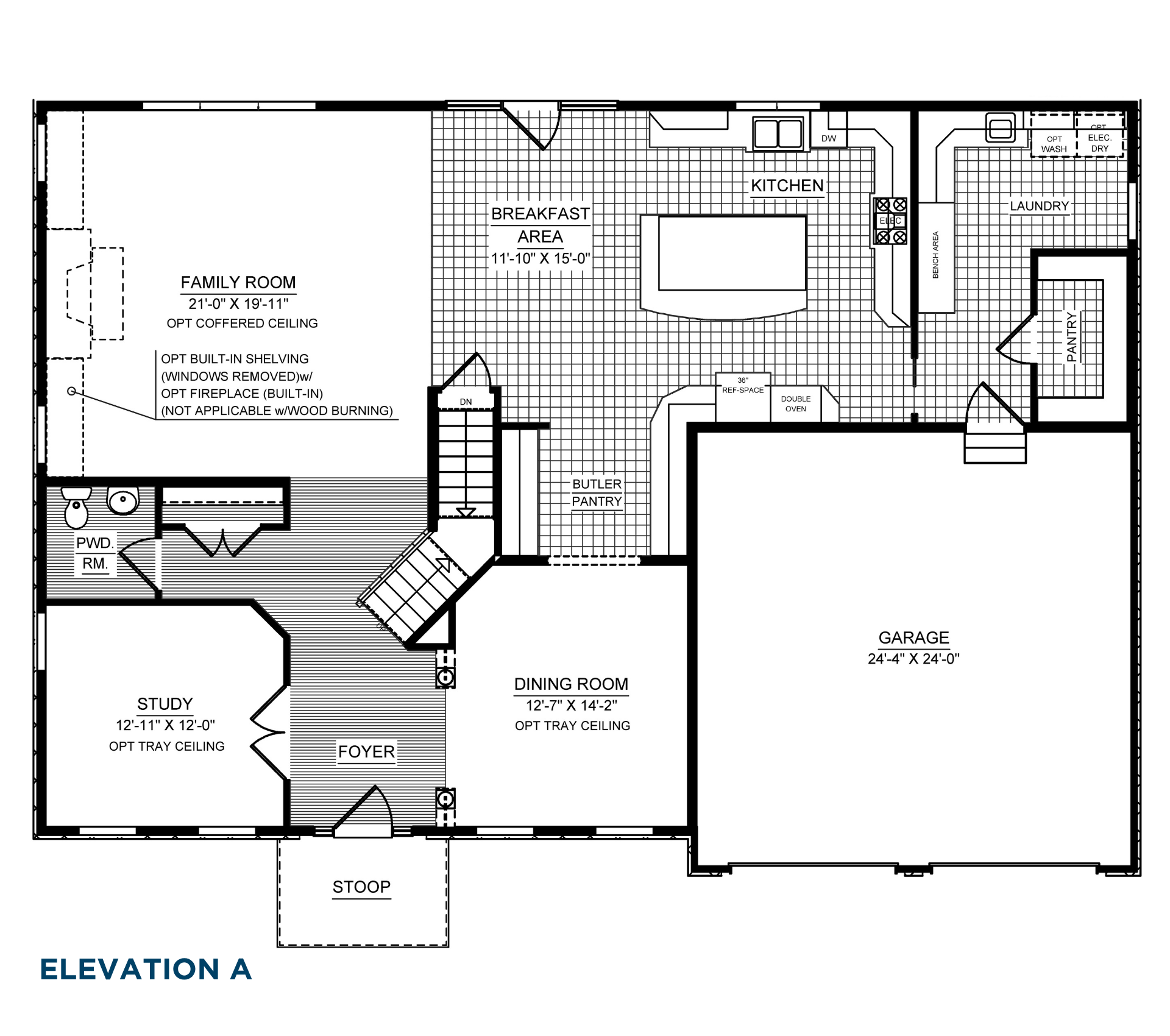 Buchanan Main Level floorplan showing family room, study, dining room, kitchen with island, breakfast area, butler pantry, laundry and two-car garage