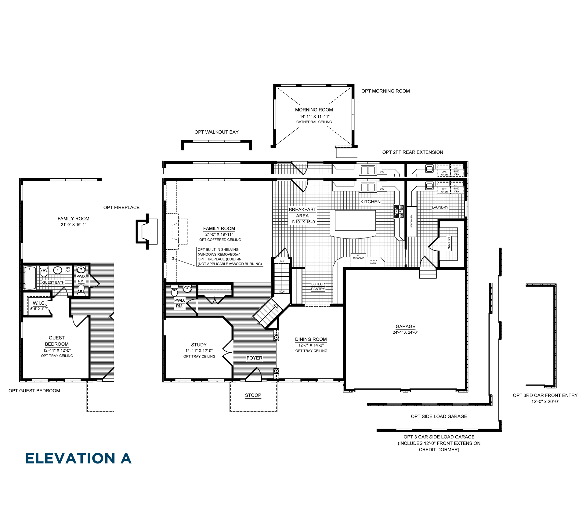 Buchanan Main Level floorplan options showing morning room, guest bedroom suite, fireplace, rear extensions, side-load garage and three-car garage configurations