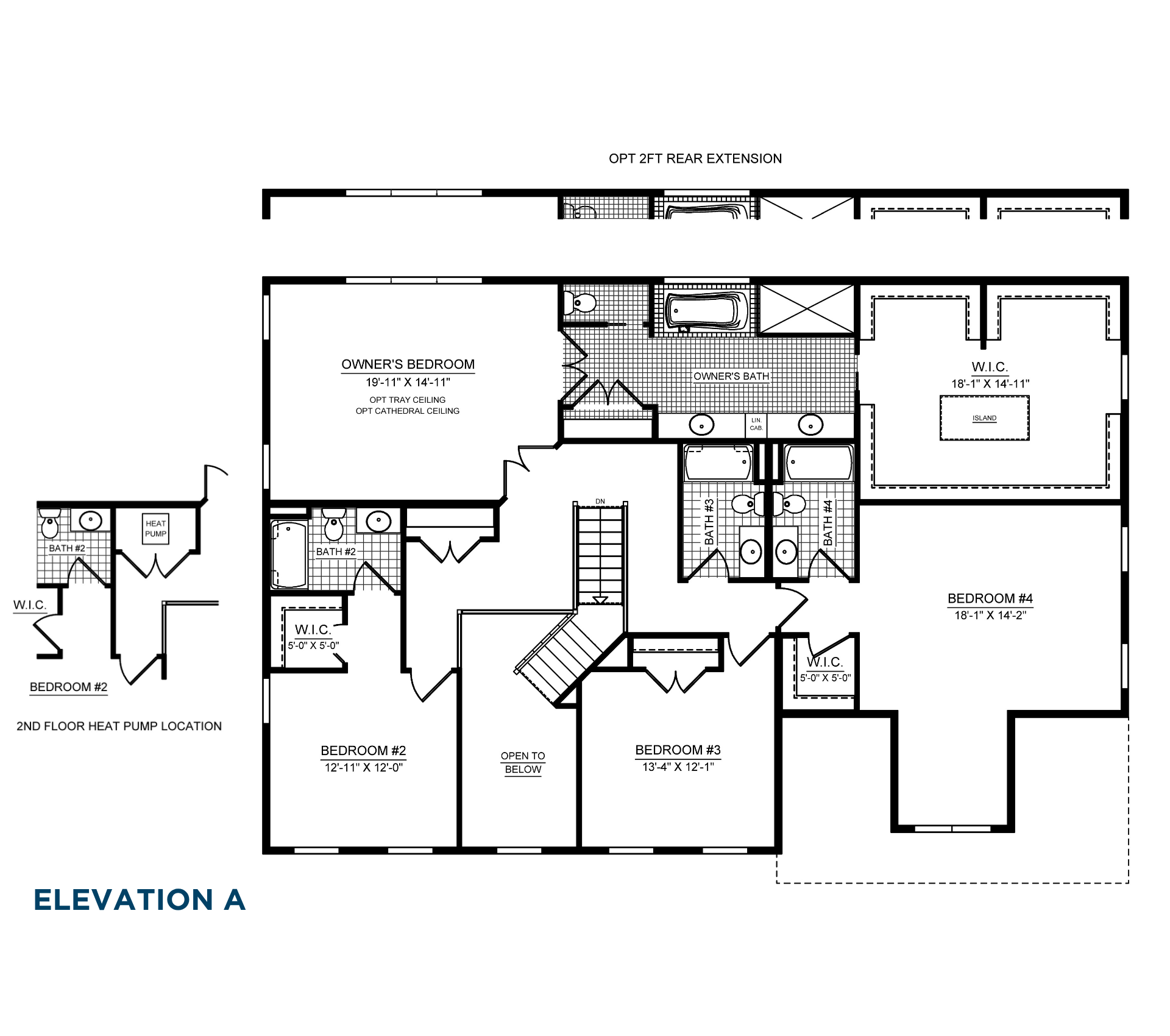 Buchanan Second Level floorplan showing owner's suite, three secondary bedrooms, multiple bathrooms, walk-in closets and oversized owner's closet