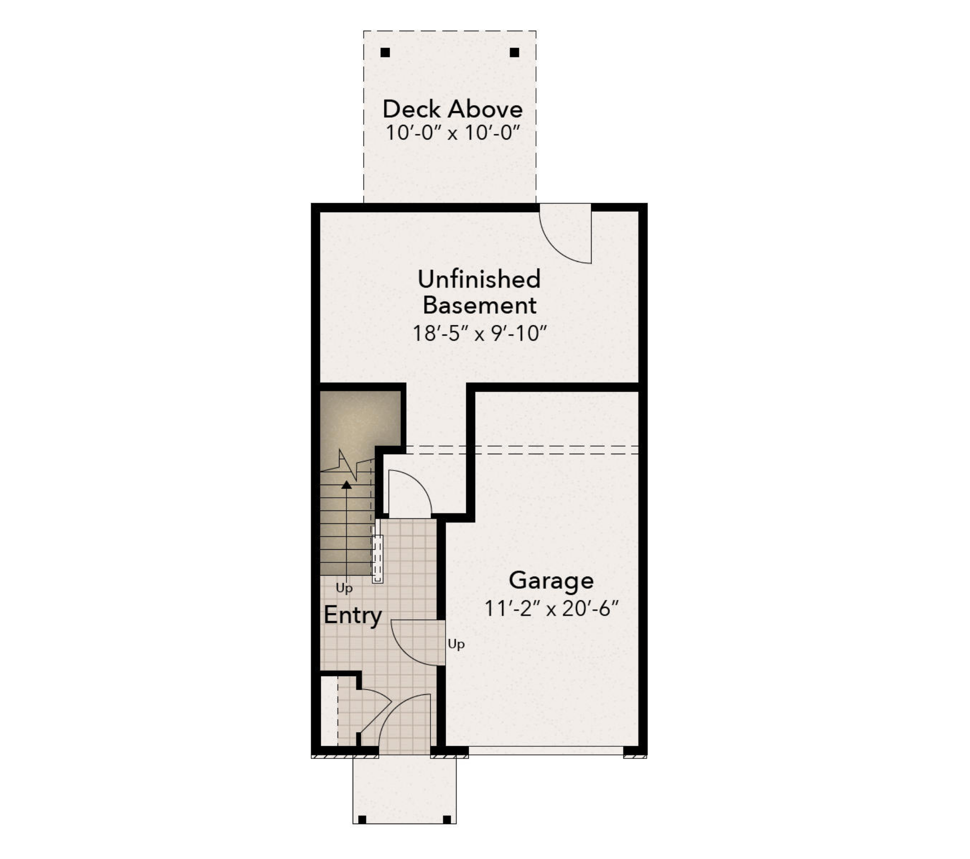 Basement floorplan with attached garage, entry foyer, unfinished basement, staircase, and deck above.