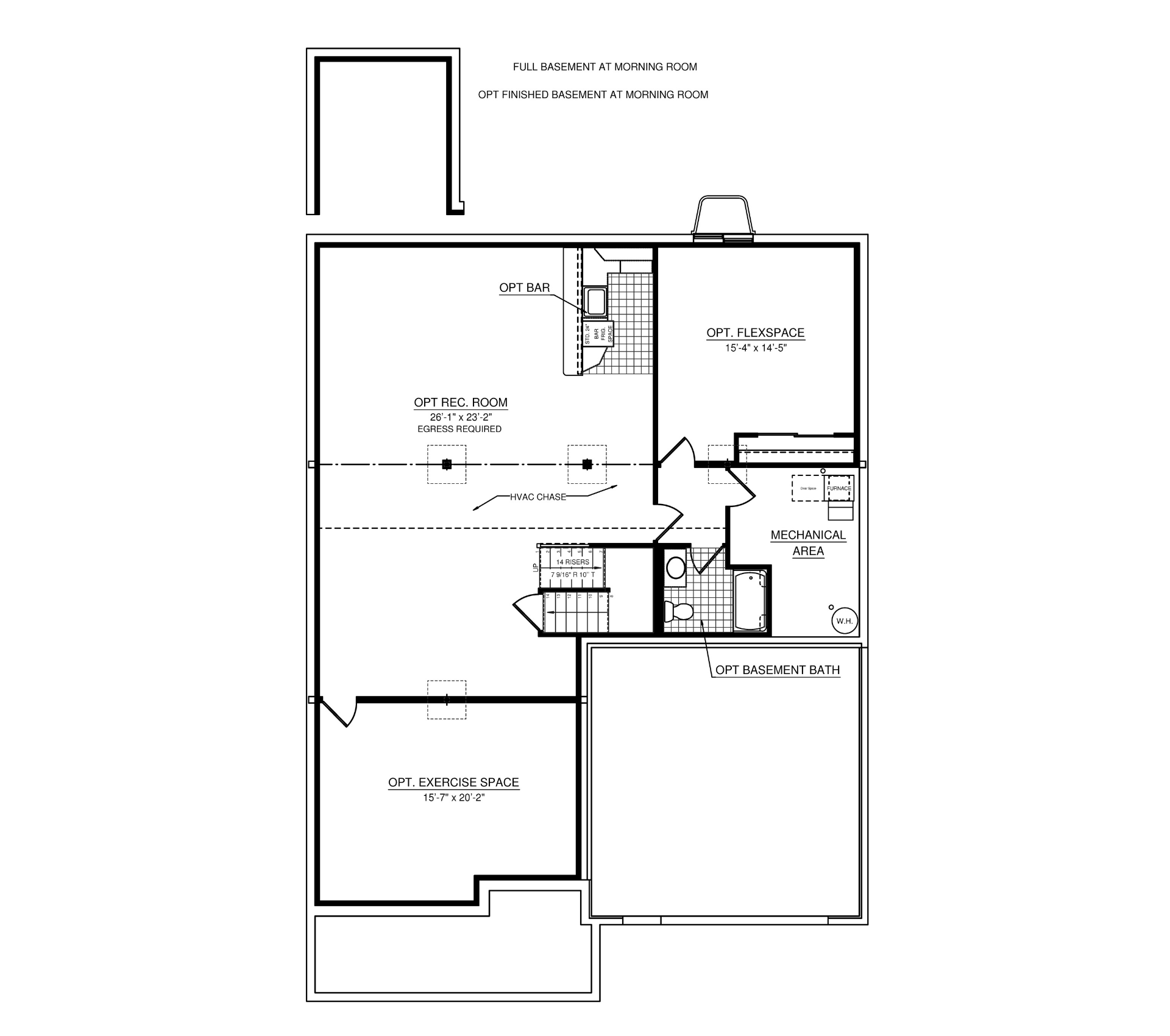 Optional finished basement floorplan with recreation room, flex space, exercise room, basement bath, bar area, mechanical room, and storage space.