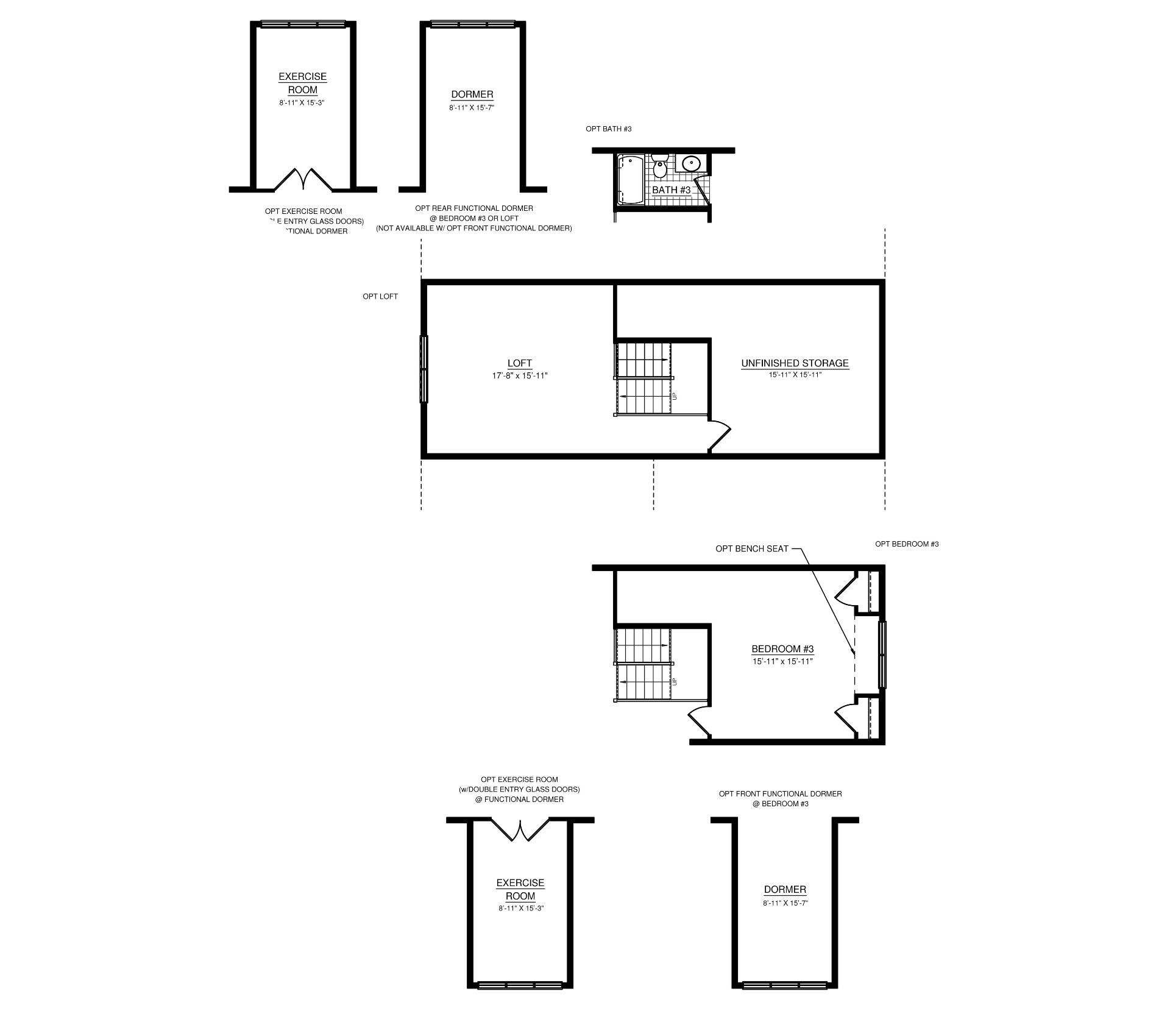 Optional second-floor floorplan featuring a loft, unfinished storage area, optional third bedroom, optional bath, dormer options, and exercise room configurations.