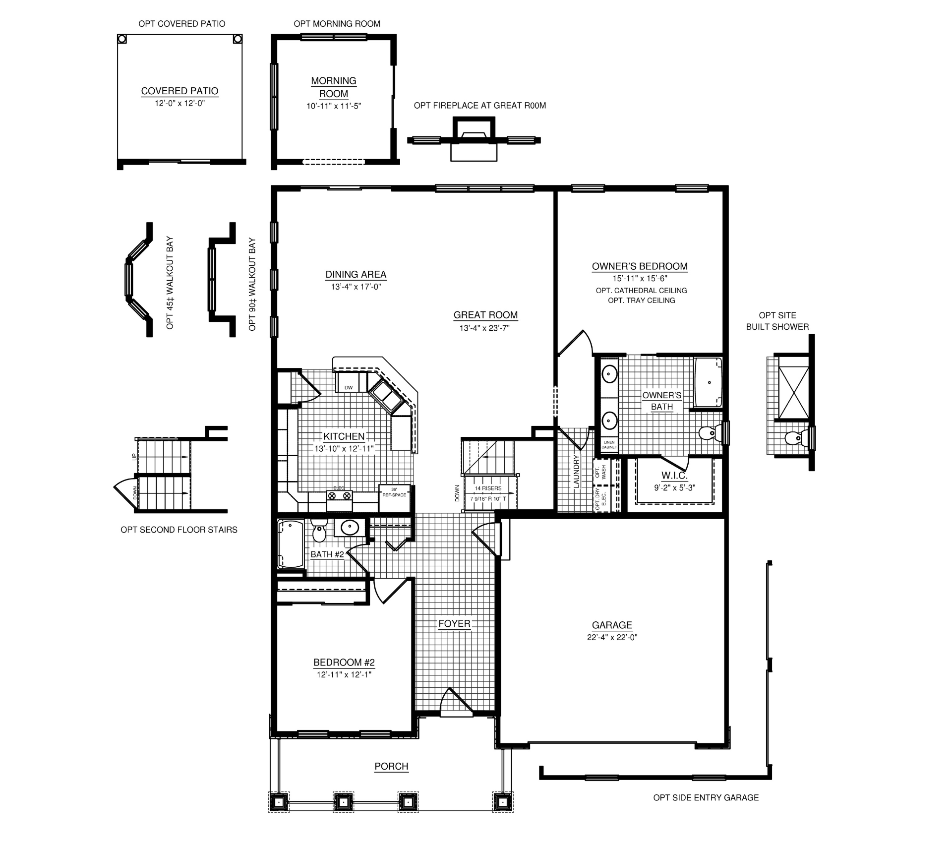 Main level floorplan with an owner's suite, secondary bedroom, great room, kitchen, dining area, laundry room, foyer, front porch, attached garage, and multiple optional layout features including a morning room, covered patio, fireplace, walkout bay, and second-floor stairs.