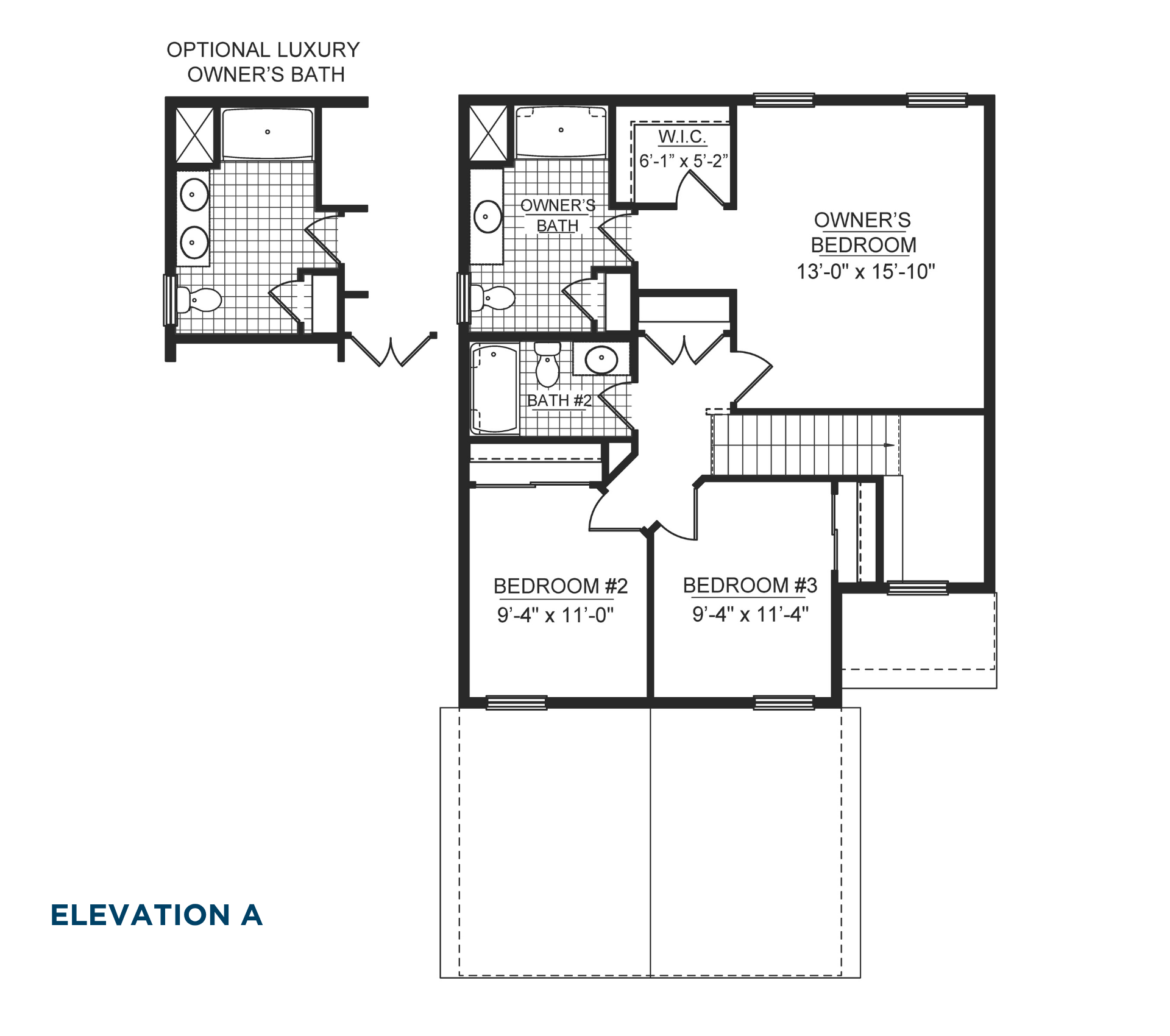 Second floorplan with an owner's suite, walk-in closet, private bath, two secondary bedrooms, full bath, and optional luxury owner's bath layout.