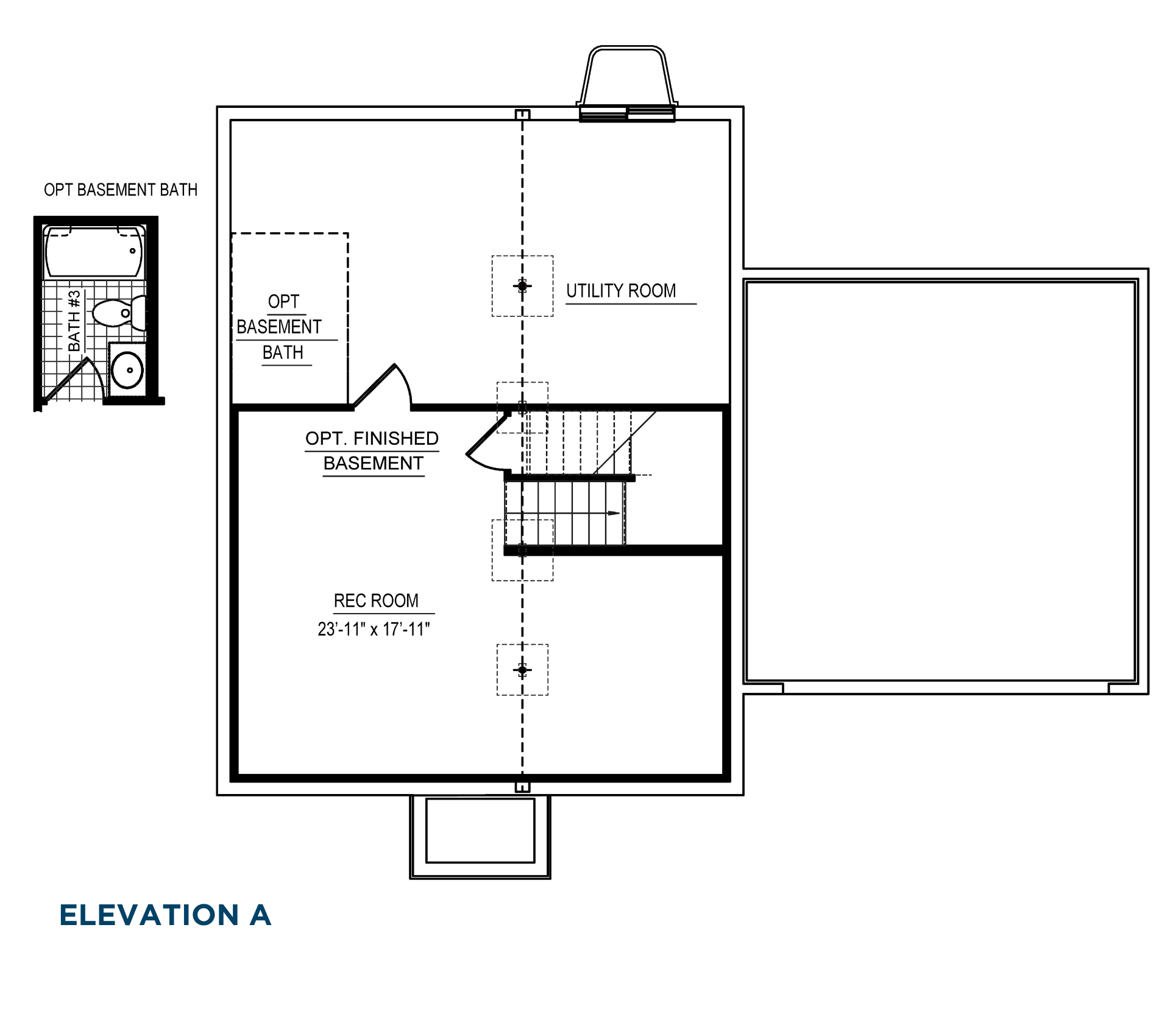 Optional finished basement floorplan with spacious recreation room, utility room, and optional full bathroom layout