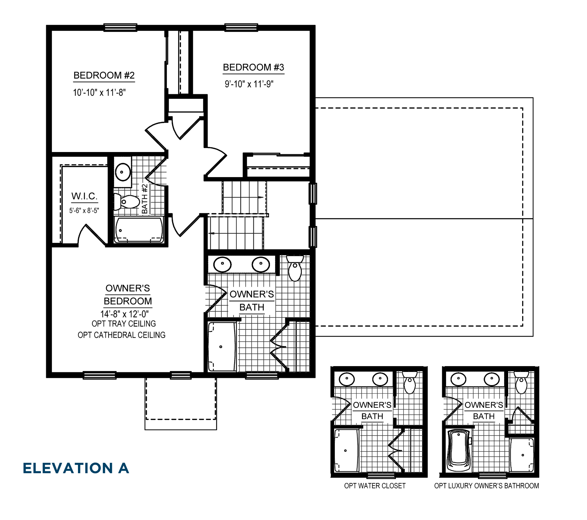 Second floorplan with owner's suite, walk-in closet, owner's bath, two secondary bedrooms, and full hall bathroom