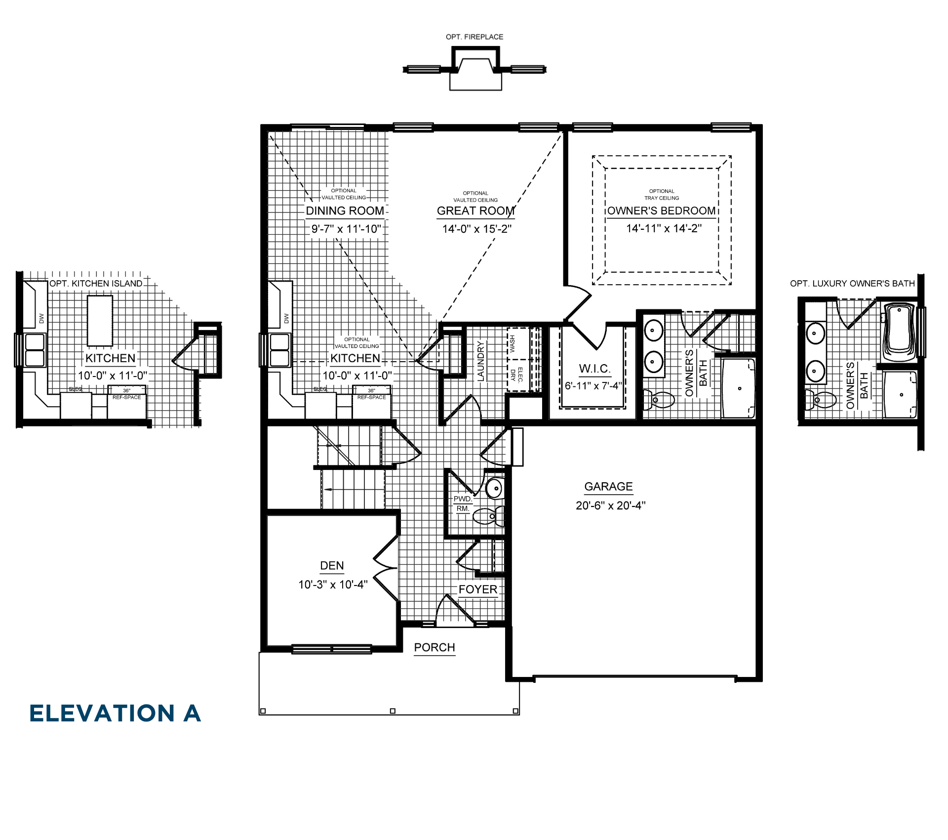 Main level floorplan with owner's suite, great room, dining room, kitchen, den, laundry room, porch, and attached garage with optional features shown