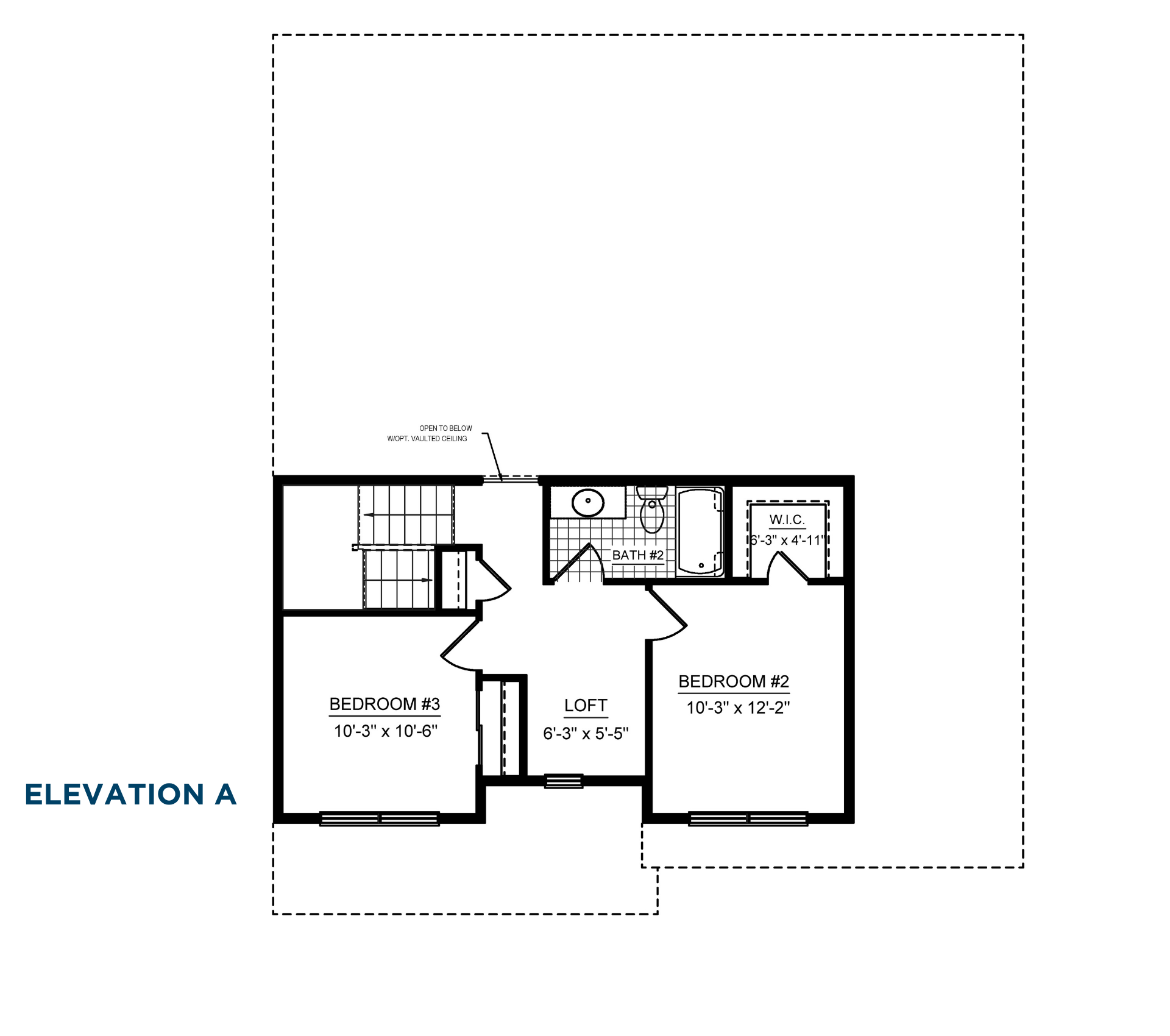 Second-floor floorplan with loft, two bedrooms, walk-in closet, and shared full bathroom