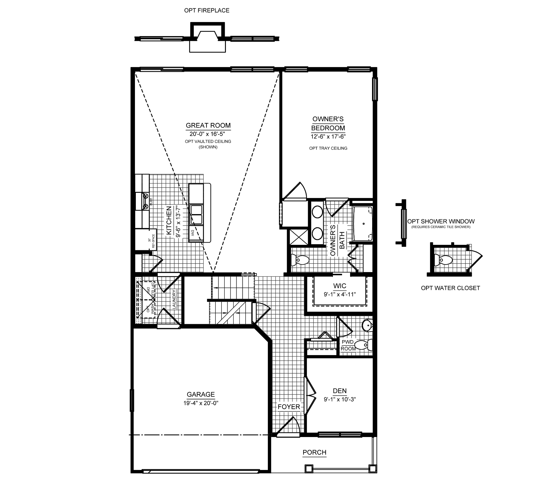 Main level floorplan with great room, kitchen, owner's suite, den, laundry room, powder room, porch, and attached garage