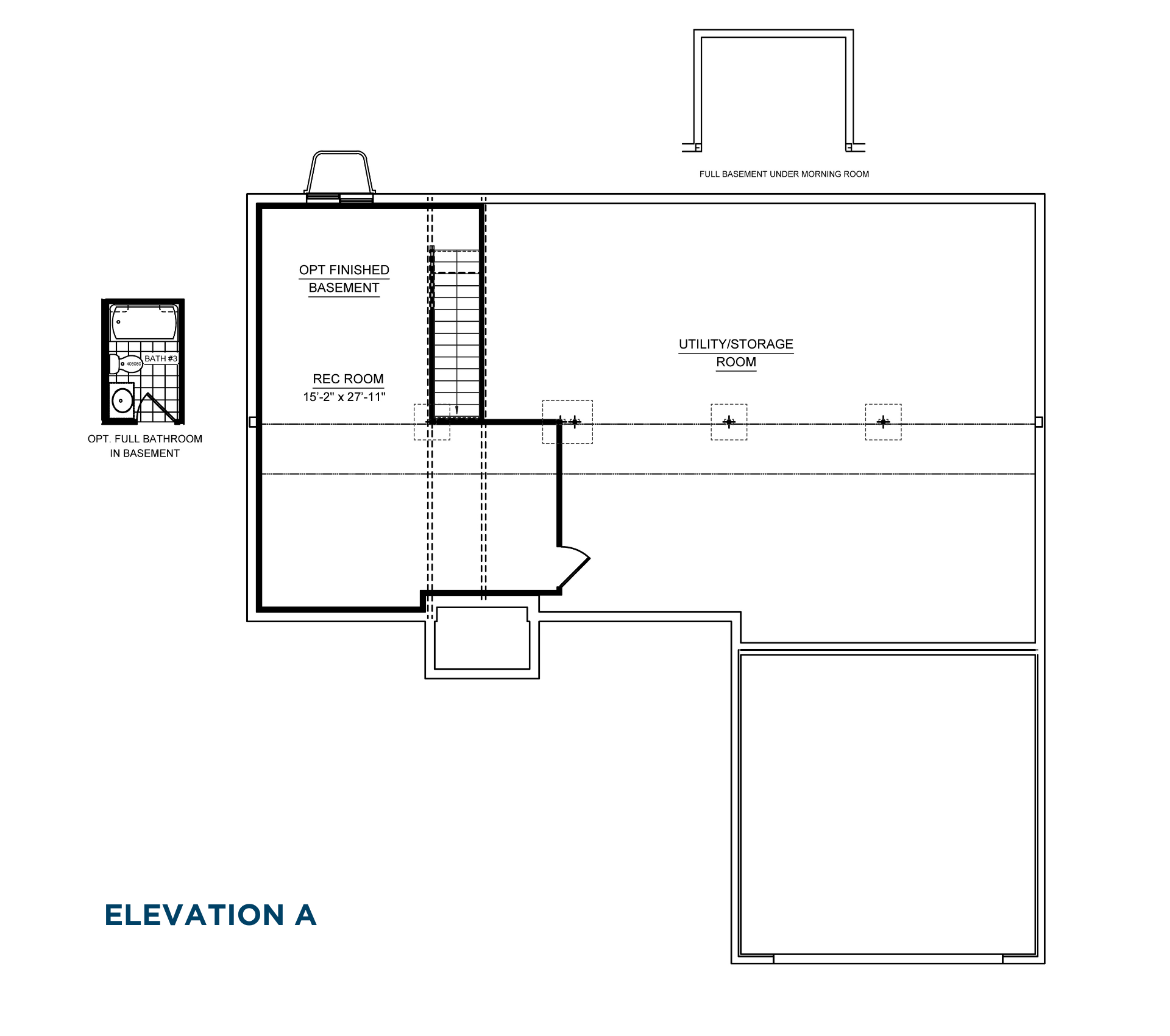 Basement floorplan with optional recreation room, flex space, full bathroom, wet bar, mechanical room, and utility storage areas