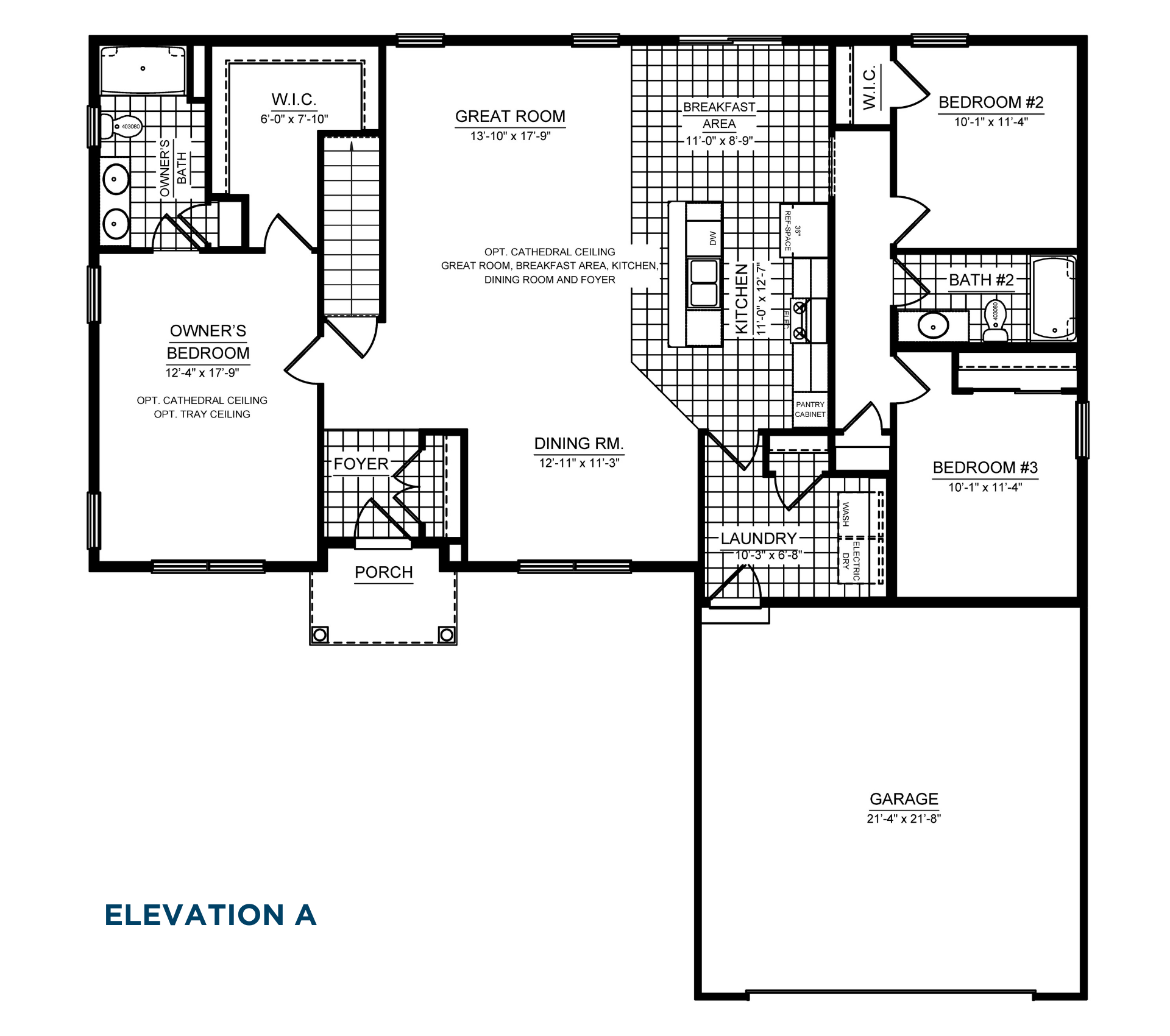Main level floorplan with owner's suite, two secondary bedrooms, great room, kitchen, breakfast area, dining room, laundry room, porch, and attached two car garage