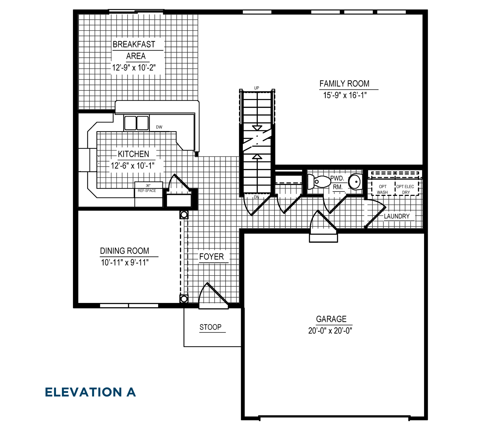 Main level floorplan with family room, kitchen, breakfast area, dining room, laundry room, powder room, foyer, stoop, and attached garage