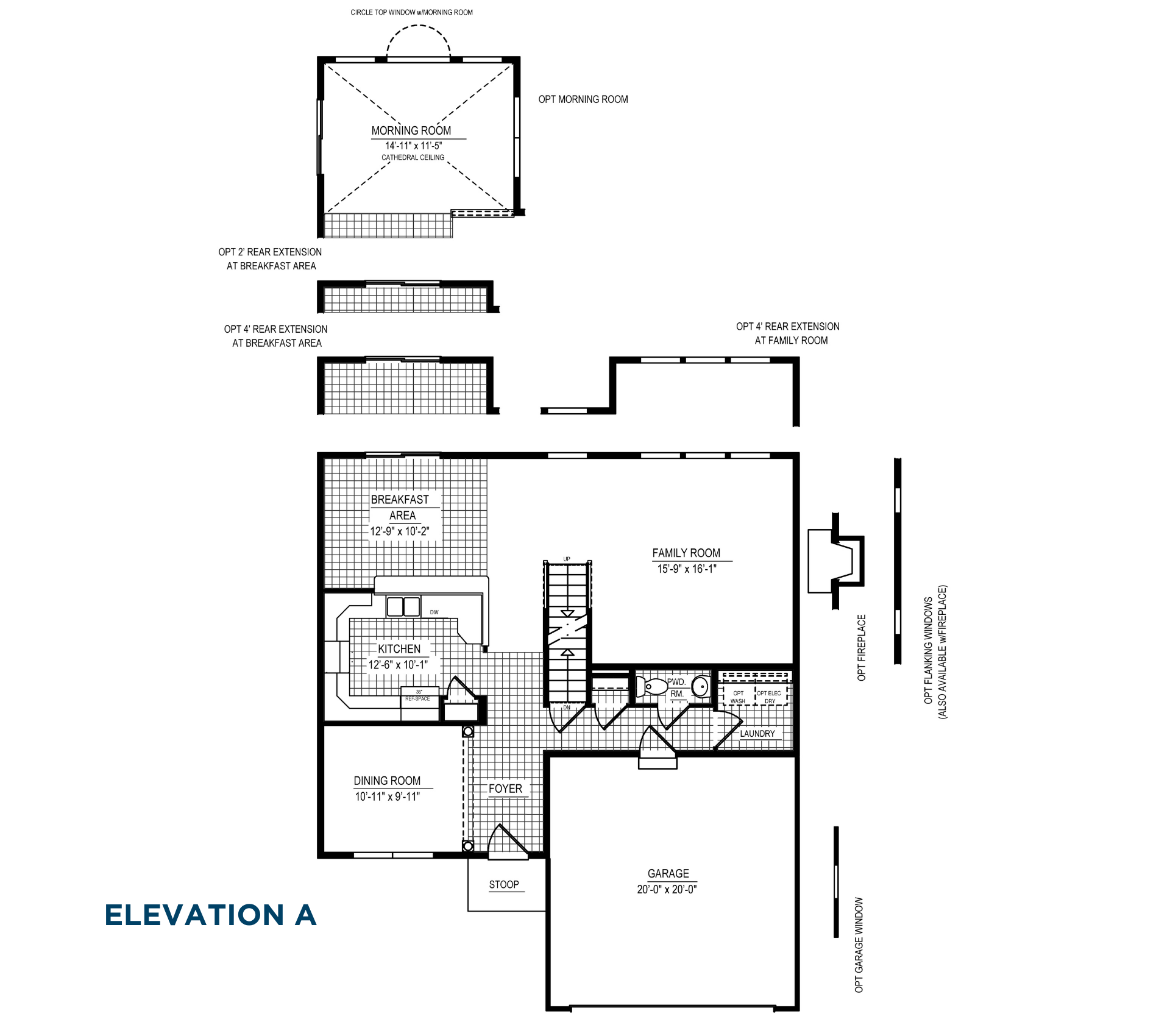 Main level floorplan options featuring morning room, fireplace, rear extensions, garage window, flanking windows, and expanded living spaces layouts