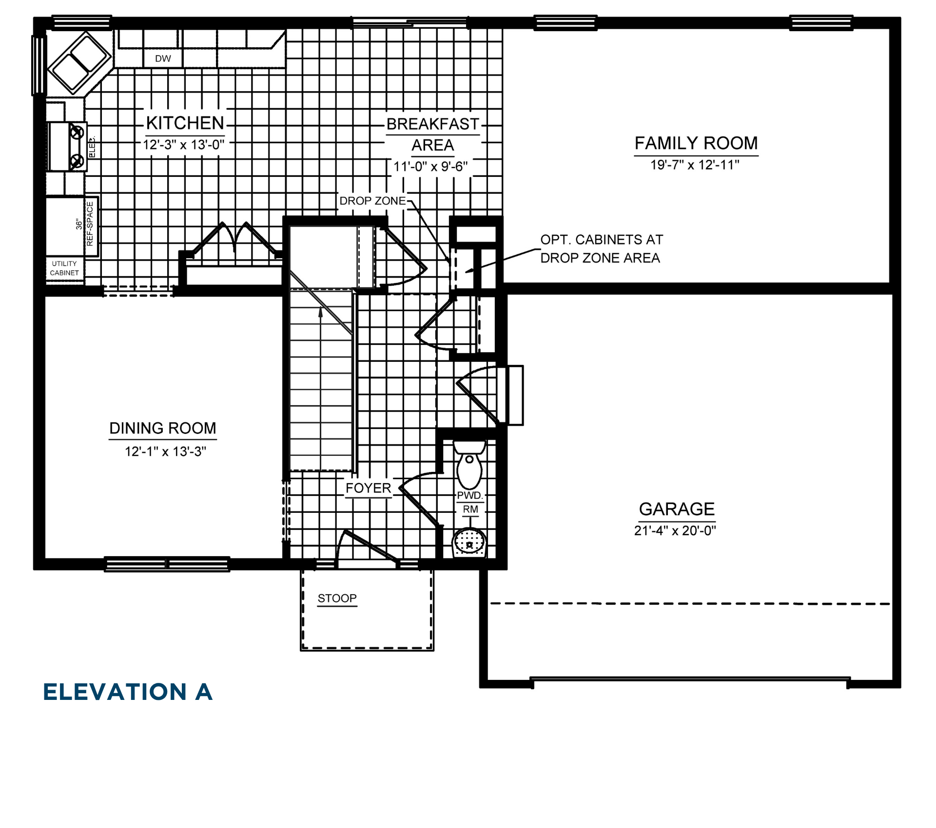 Main level floorplan with foyer, dining room, kitchen, breakfast area, family room, powder room, and attached two-car garage