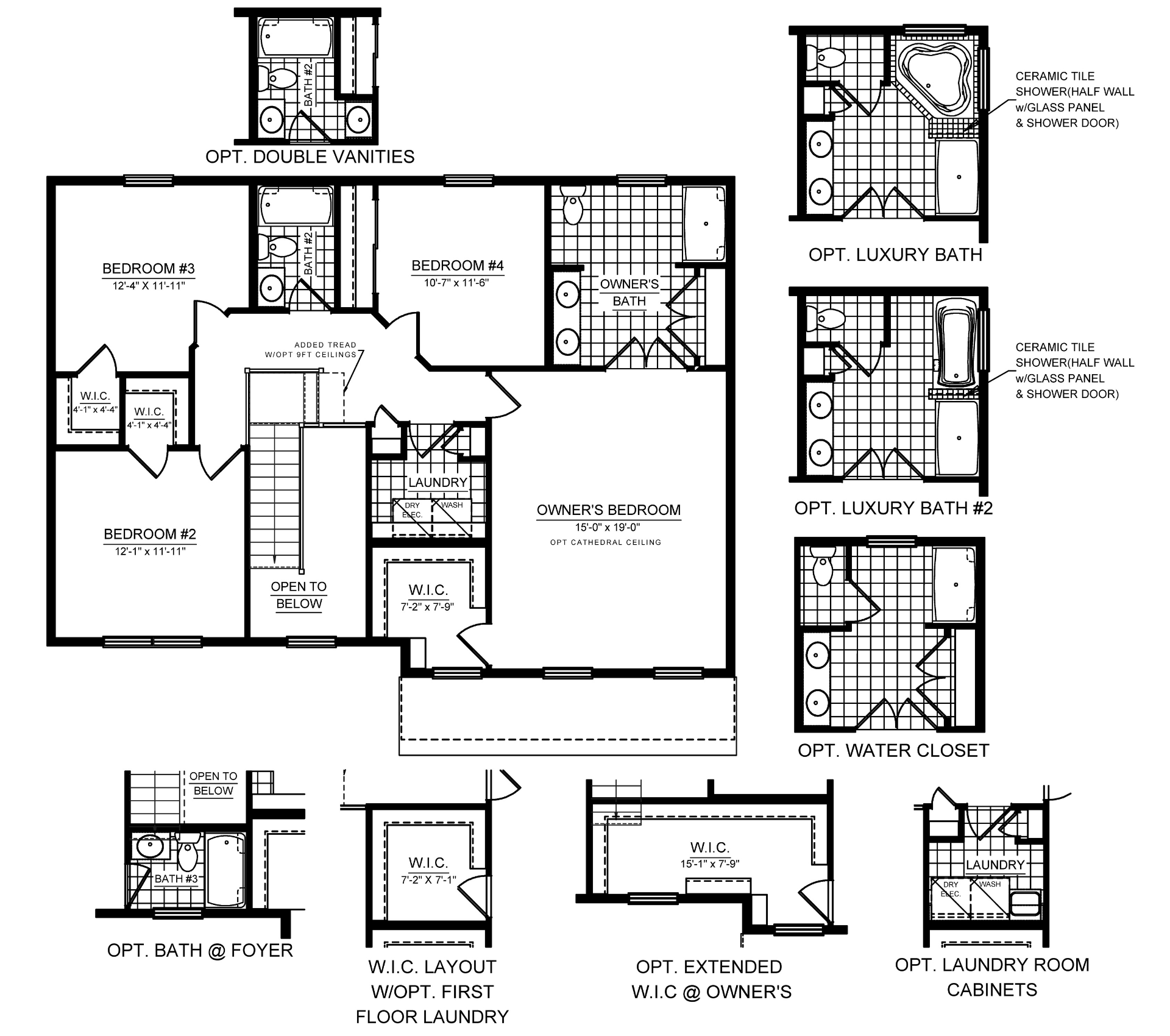 Second floorplan with owner's suite, walk-in closet, laundry room, three secondary bedrooms, bathrooms, and available bath options