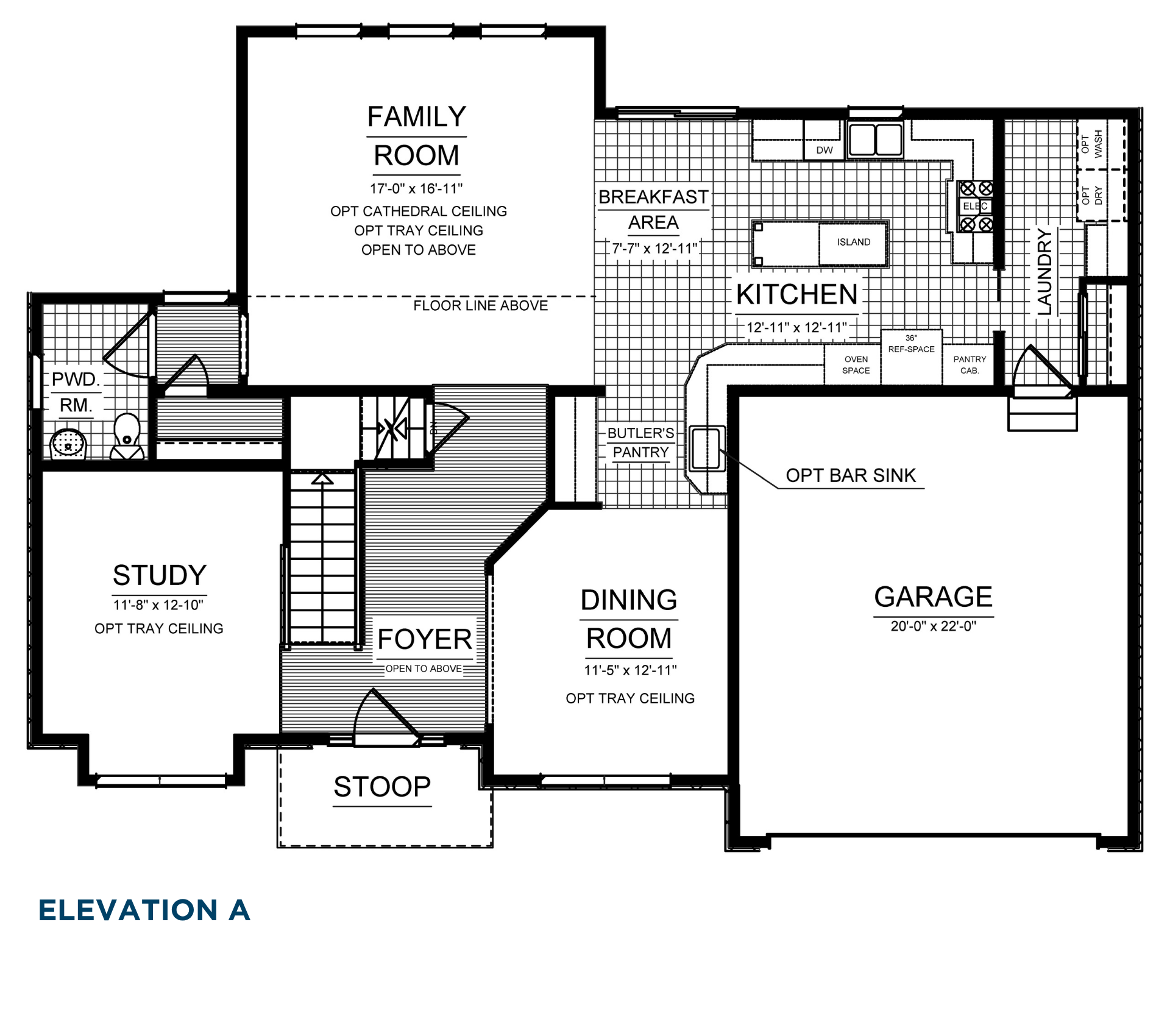 Main level floorplan featuring family room, kitchen with island, breakfast area, study, dining room, laundry room, foyer, and two-car garage