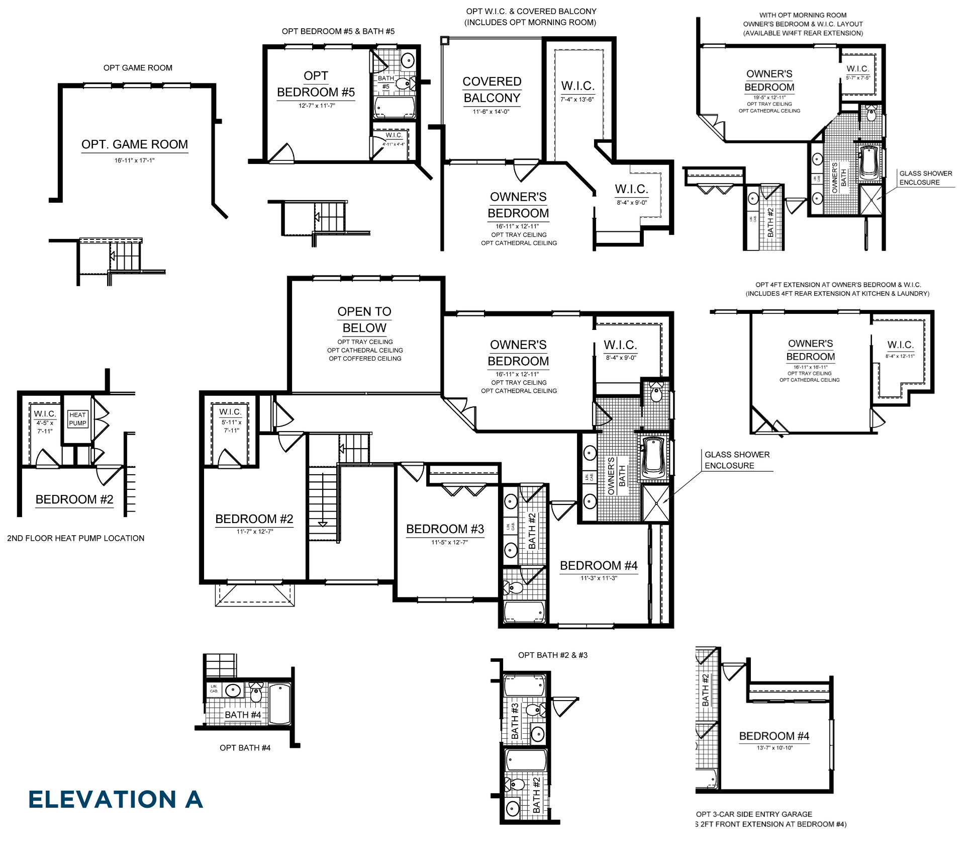 Second floor floorplan with owner's suite, walk-in closets, three secondary bedrooms, optional game room, covered balcony, and additional bedroom options