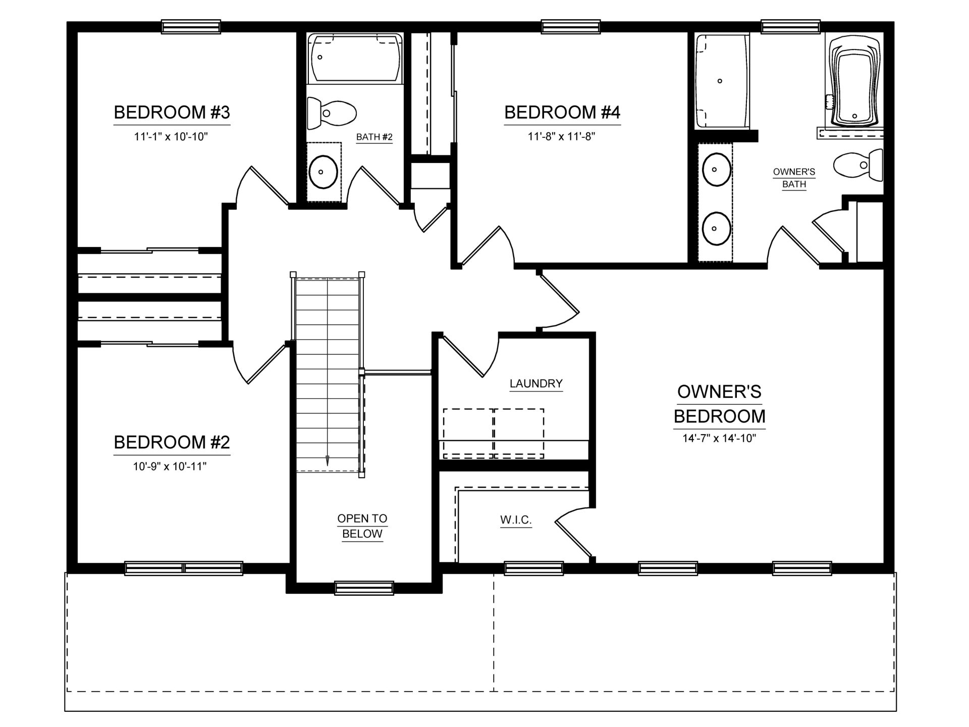Floorplan layout of a two story home with 2nd floor living area with 4 bedrooms and 2 full baths