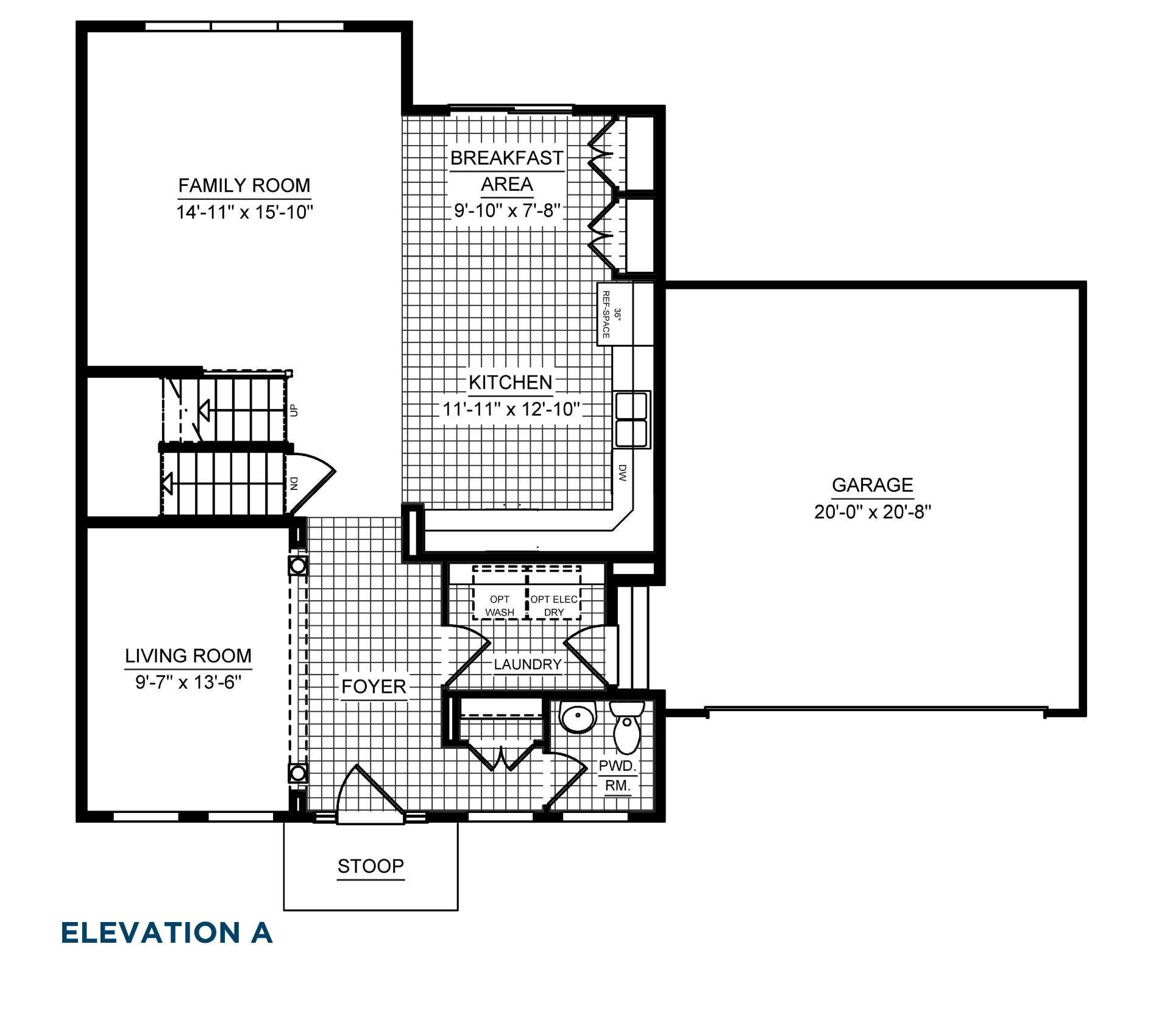 Main level floor plan with living room, family room, kitchen, breakfast area, laundry room, powder room, and garage.