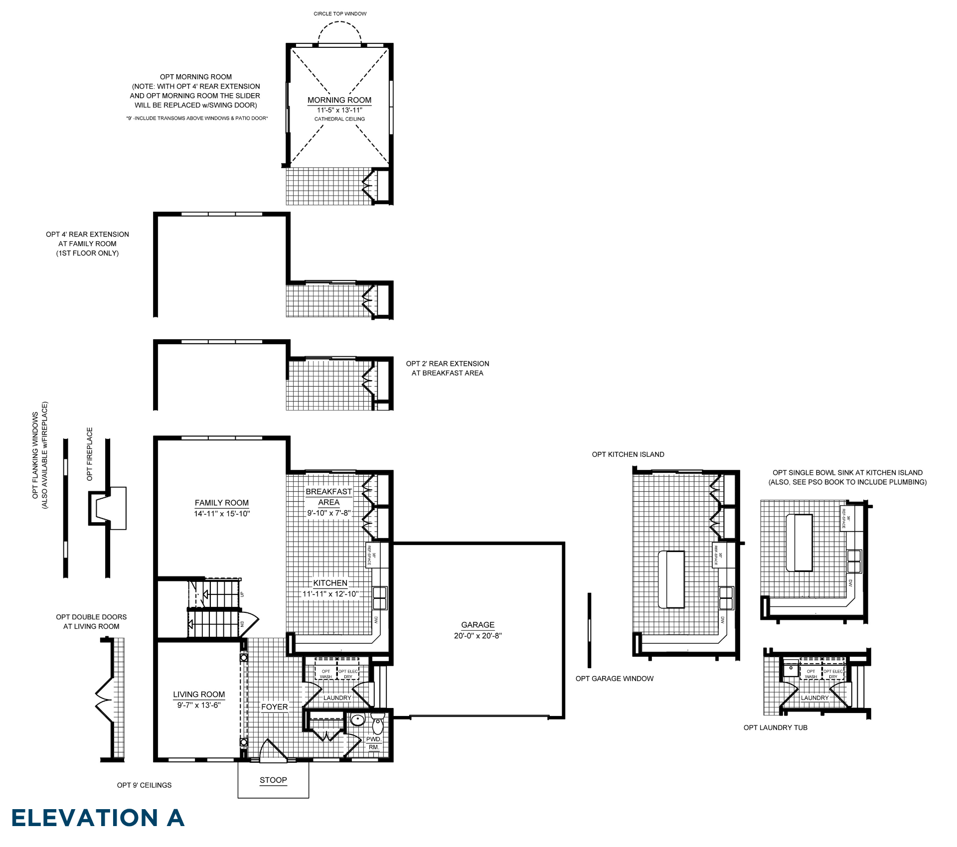 Main level floor plan showing optional morning room, rear extensions, kitchen island, fireplace, garage window, and laundry tub.