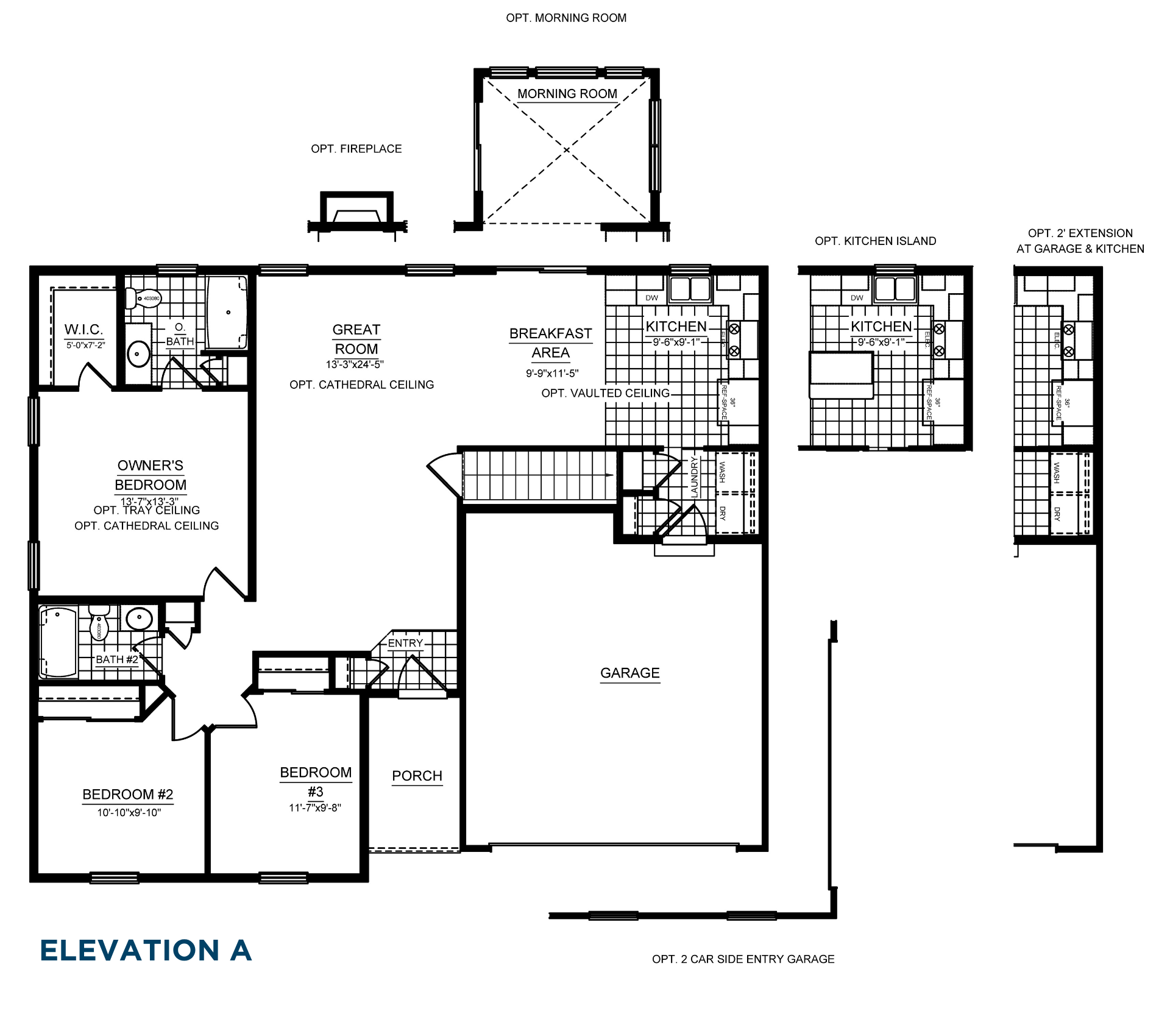 Ranch floor plan with available options including morning room, fireplace, kitchen island, garage and kitchen extension, and side-entry garage.