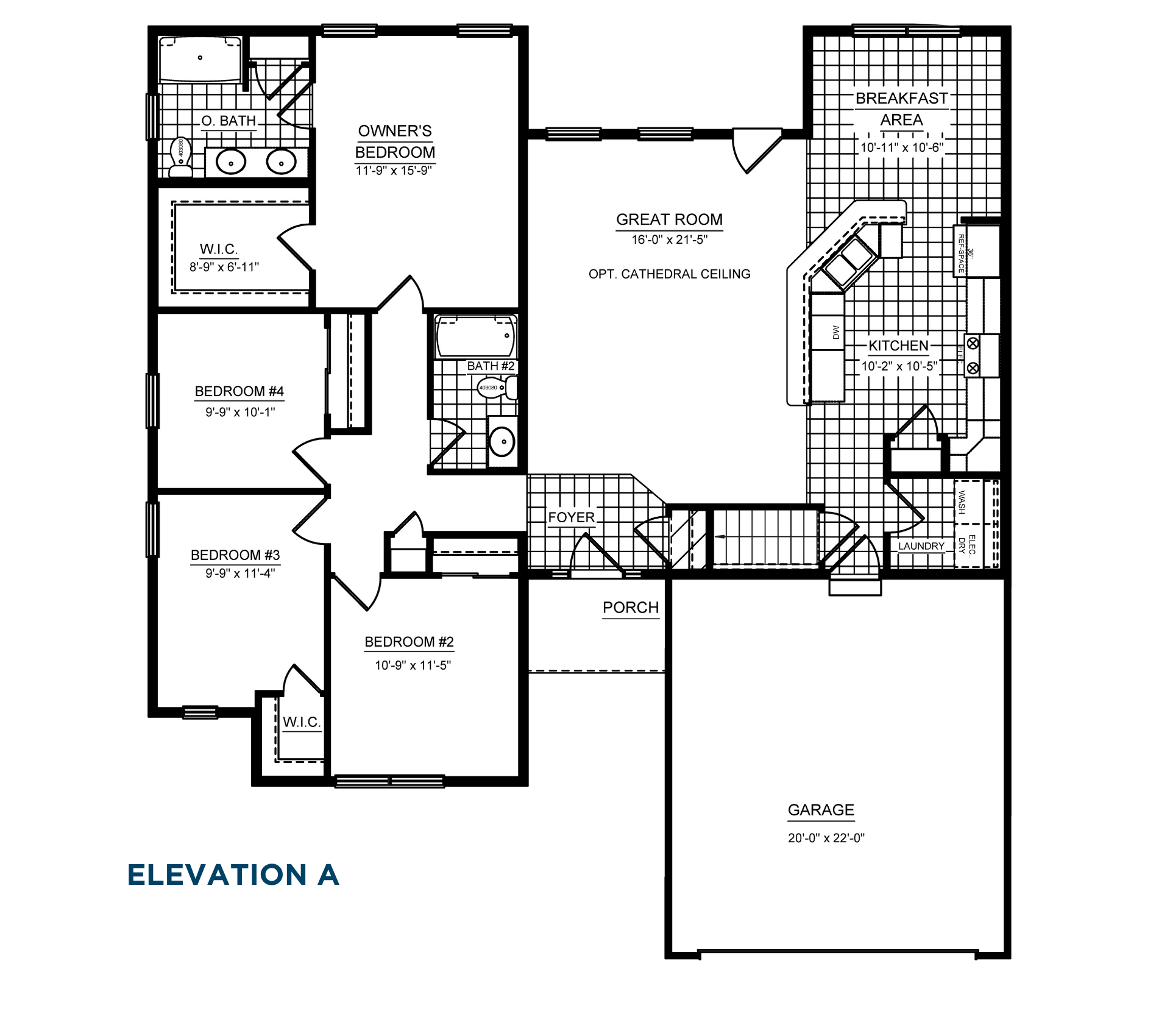 Ranch home floor plan with four bedrooms, two bathrooms, owner's suite with walk-in closet, open great room, kitchen, breakfast area, laundry room, front porch, and two-car garage.