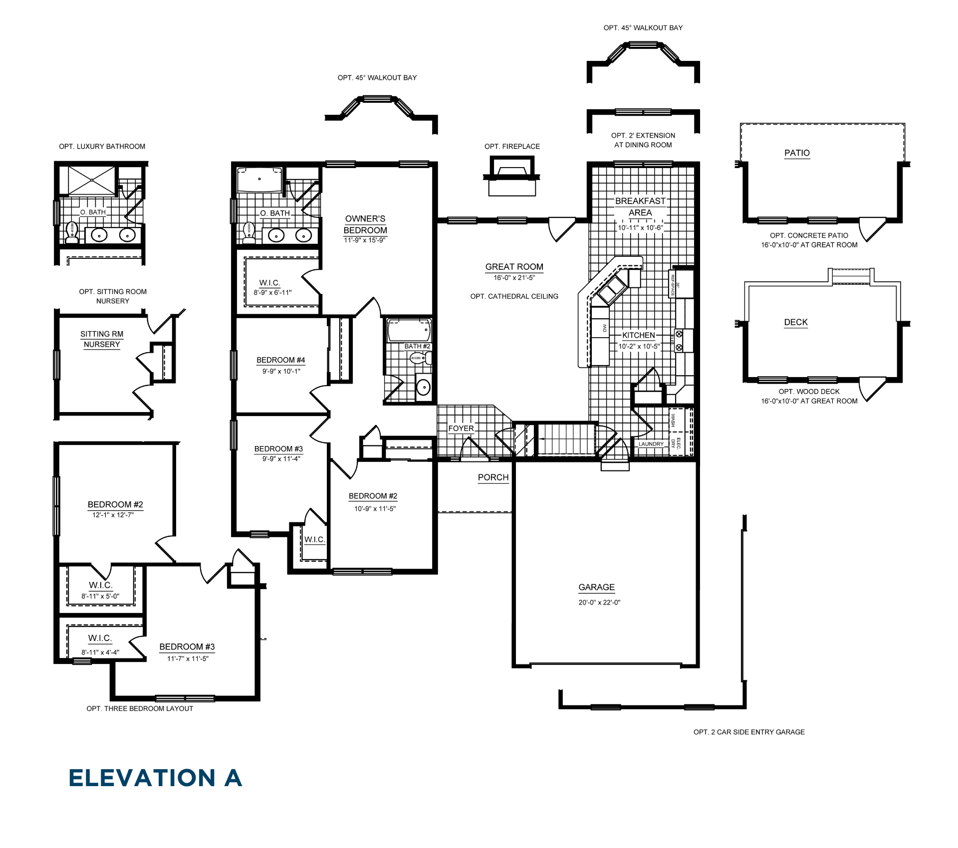 Ranch floor plan illustrating available options including a luxury owner's bathroom, sitting room or nursery, alternate three-bedroom layout, walkout bay, fireplace, dining room extension, patio or deck, and side-entry garage.