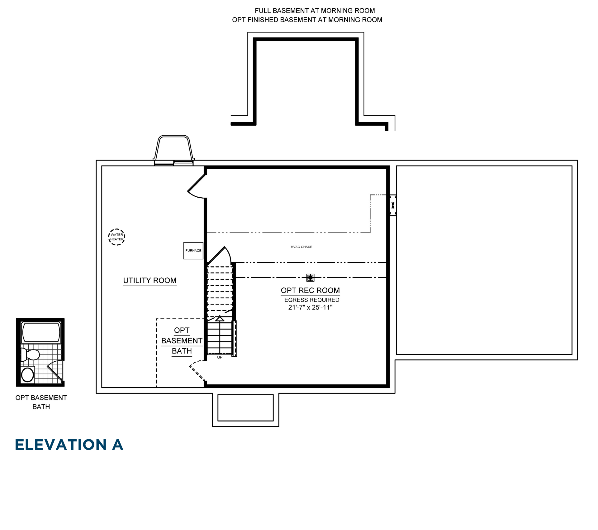 Basement floor plan showing utility room, optional recreation room, optional basement bathroom, staircase, and morning room foundation area.