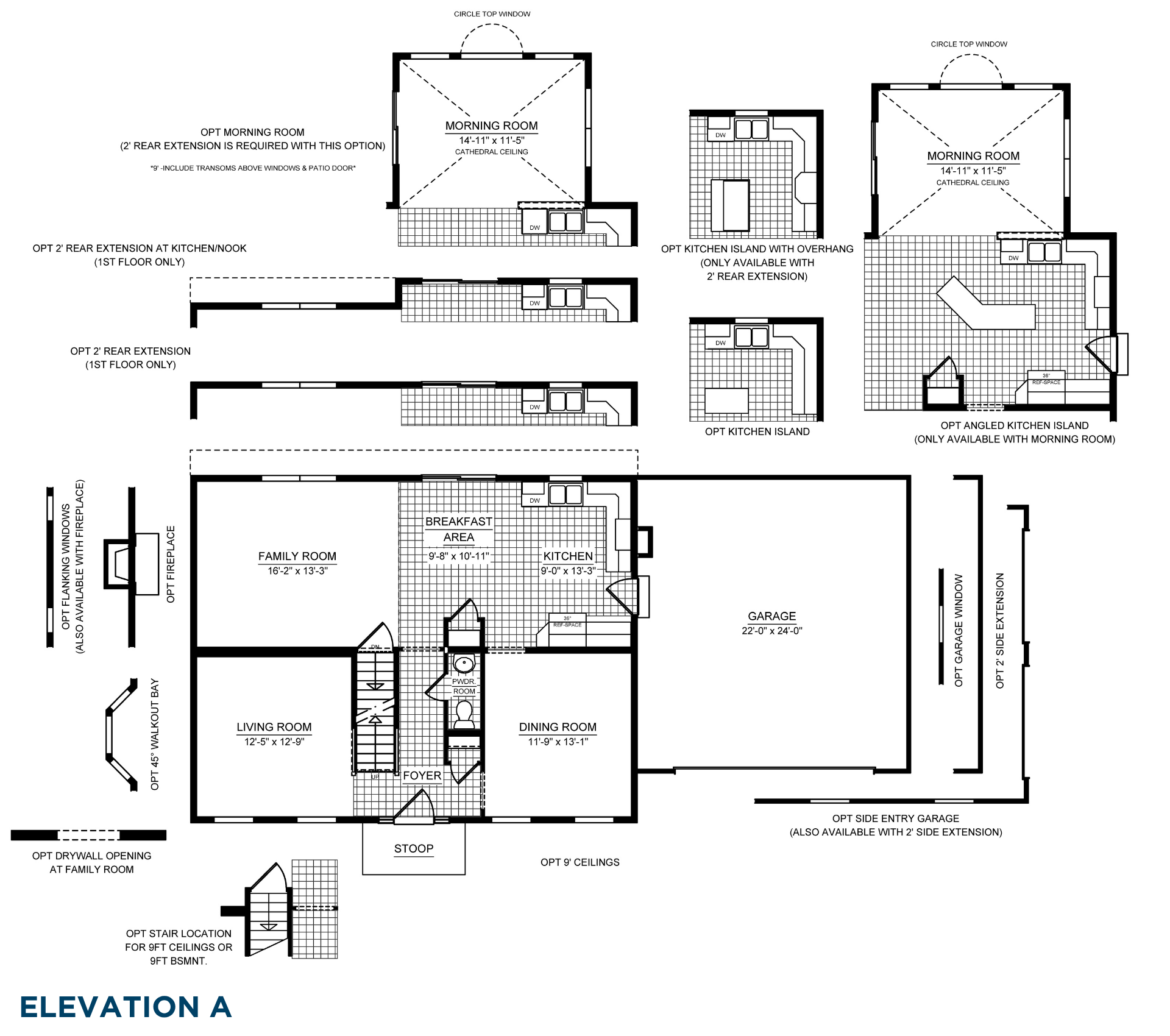 First-floor options plan showing morning room, kitchen island layouts, side extension, side-entry garage, fireplace, and walkout bay options.