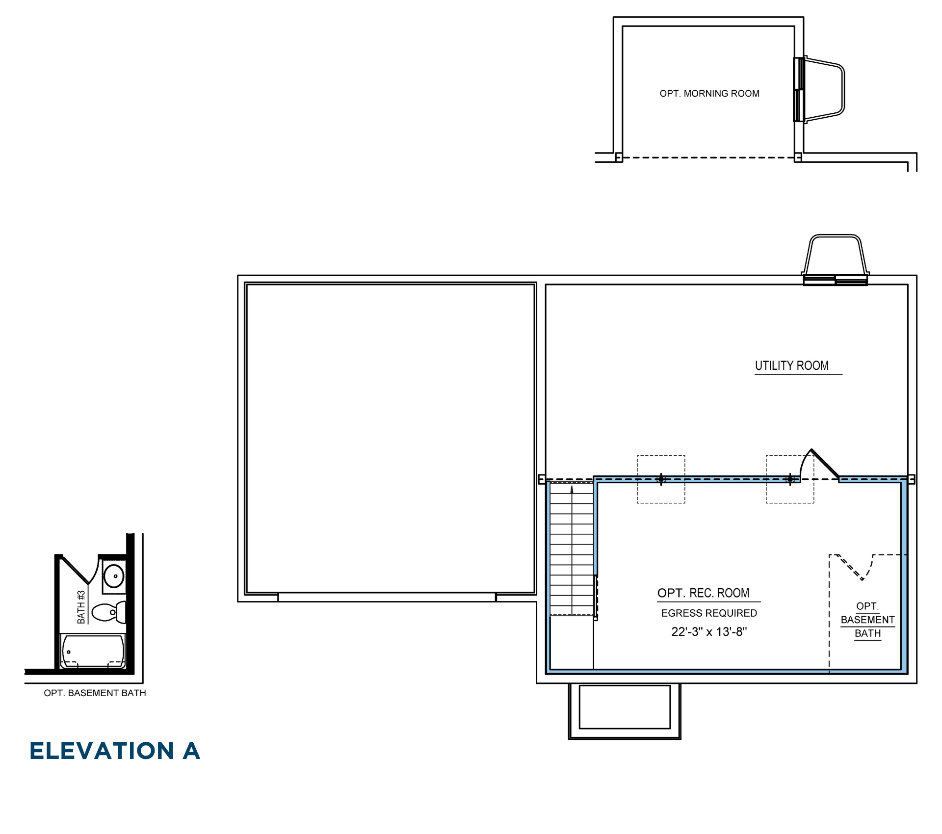 Basement floor plan with utility room, optional recreation room, optional basement bathroom, staircase, and optional morning room foundation.