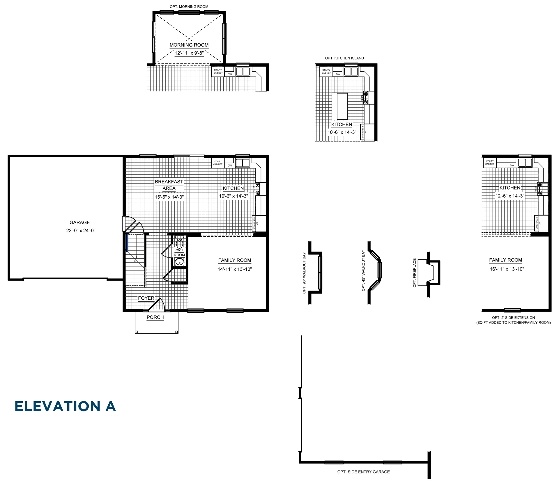First-floor options plan showing morning room, kitchen island, side entry garage, walkout bay, fireplace, and side extension options.