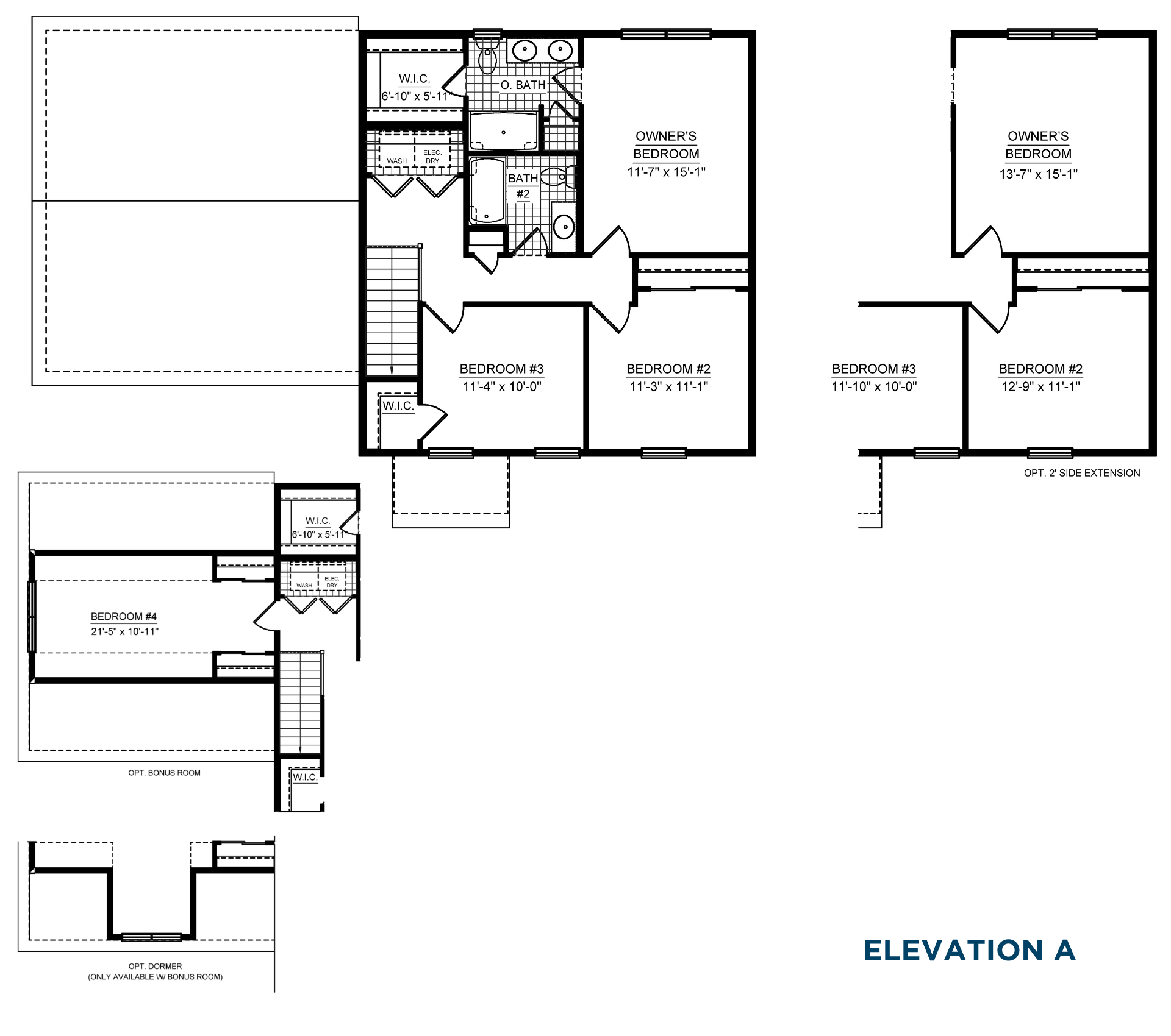 Second-floor plan with owner's suite, two secondary bedrooms, two full bathrooms, laundry area, walk-in closets, optional bonus room, and side extension options.
