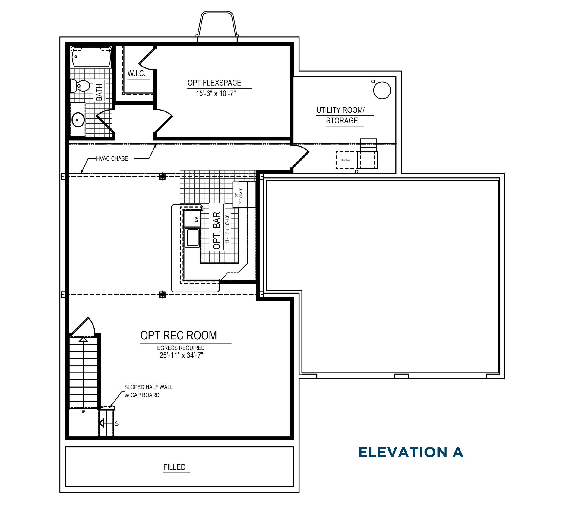 Basement floor plan with optional recreation room, optional flex space, optional wet bar, full bathroom, walk-in closet, utility room, and storage area.